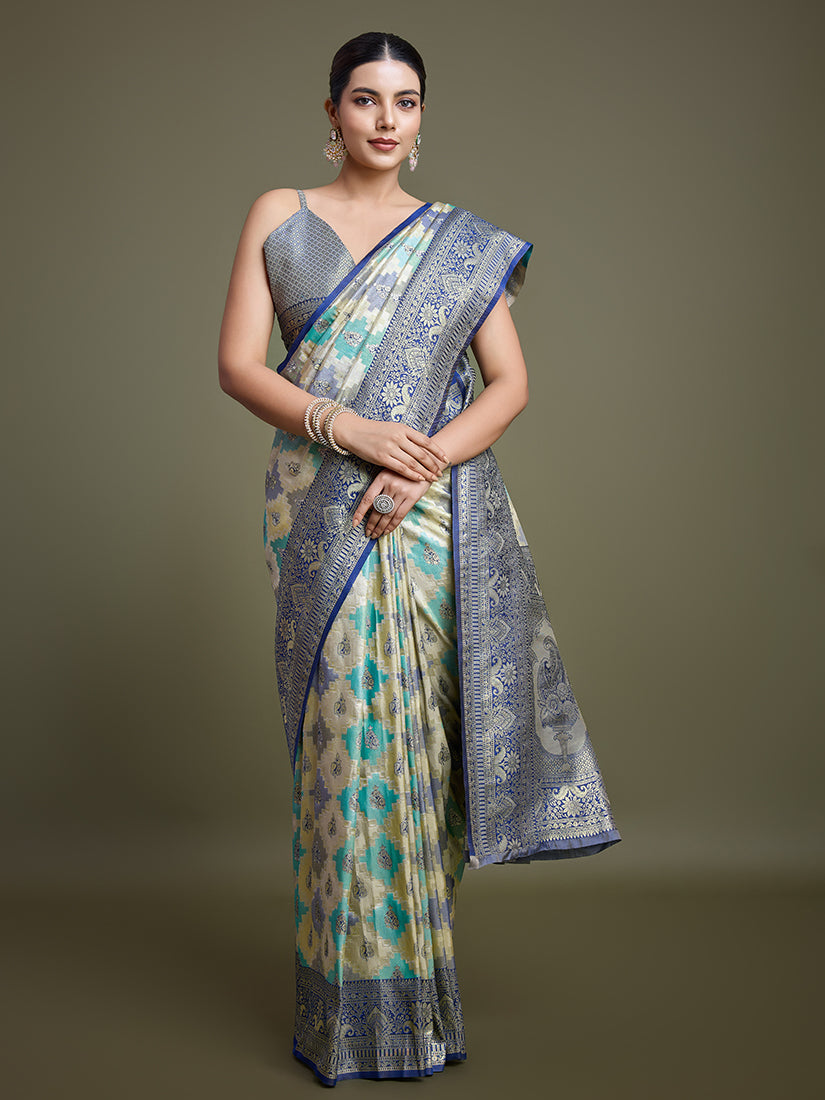 Navy Blue and Cream Zari Woven Banarasi Silk Saree
