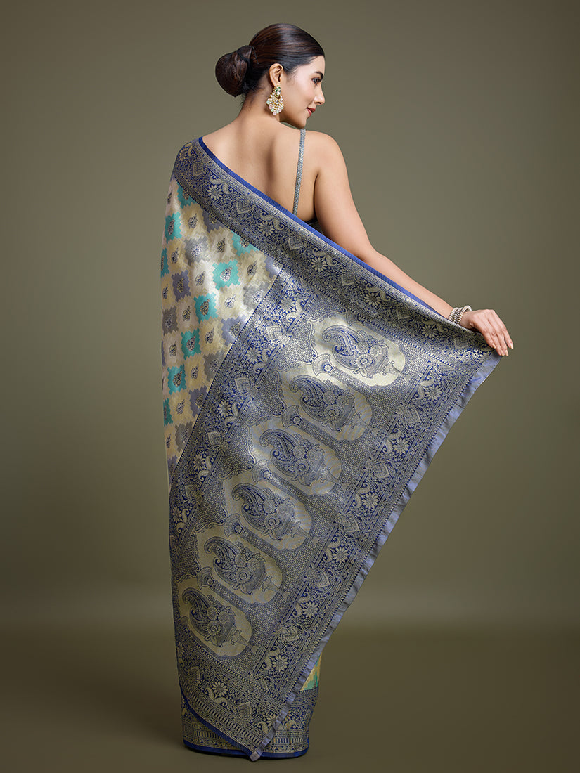 Navy Blue and Cream Zari Woven Banarasi Silk Saree