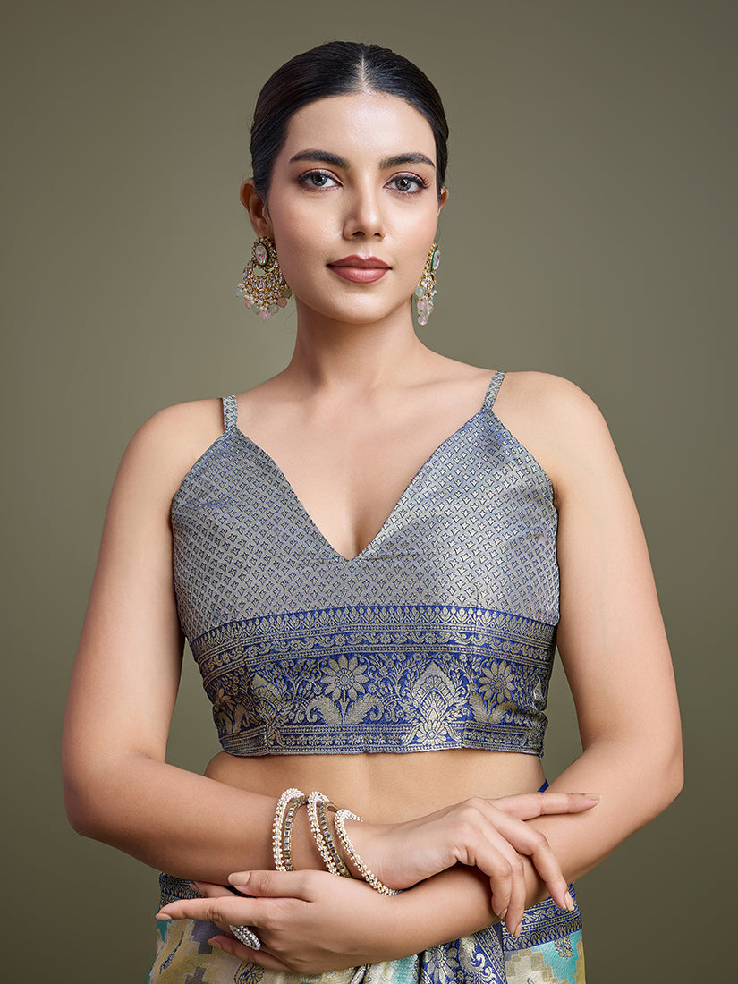 Navy Blue and Cream Zari Woven Banarasi Silk Saree