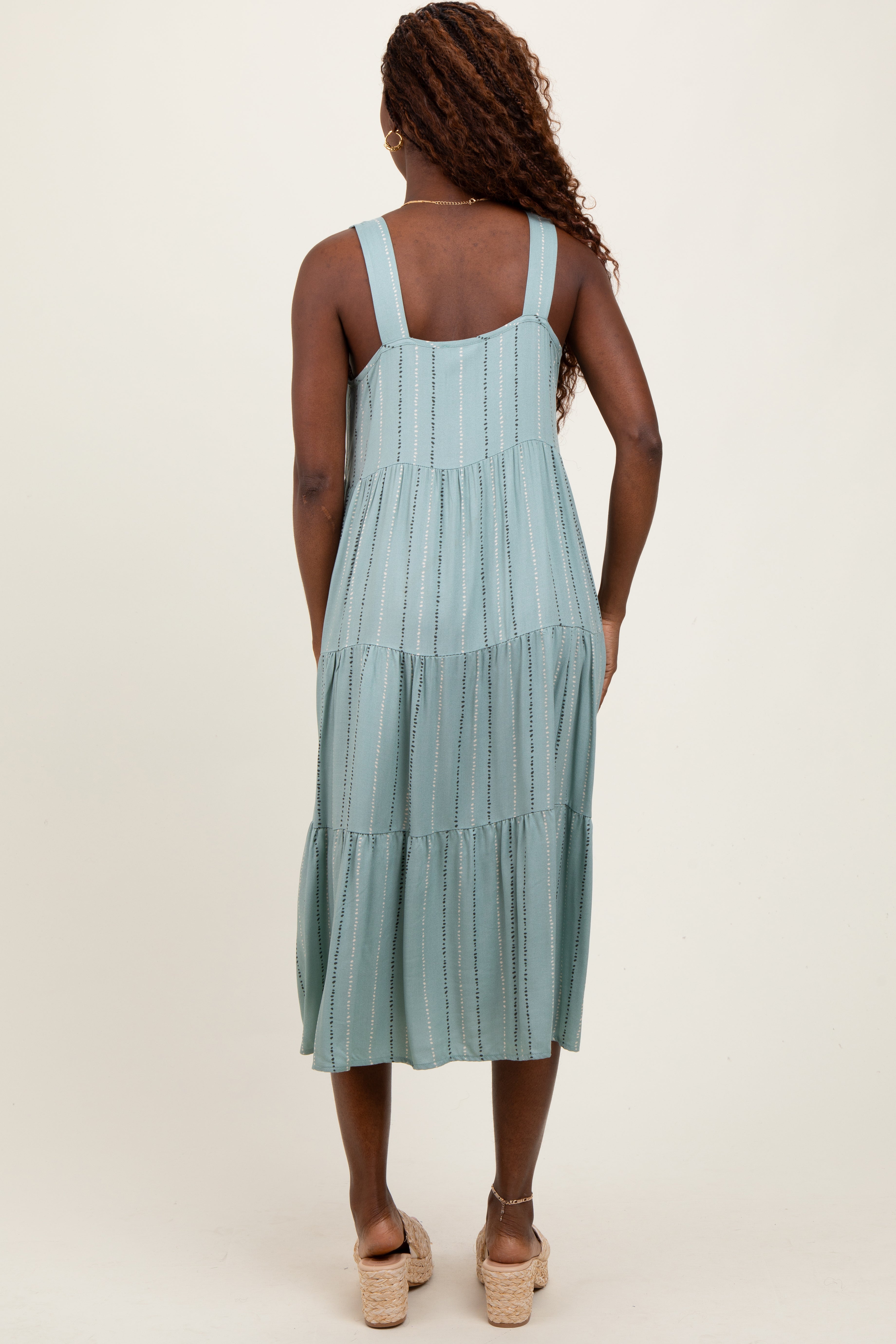 Light Olive Dot Stripe Tiered Midi Dress