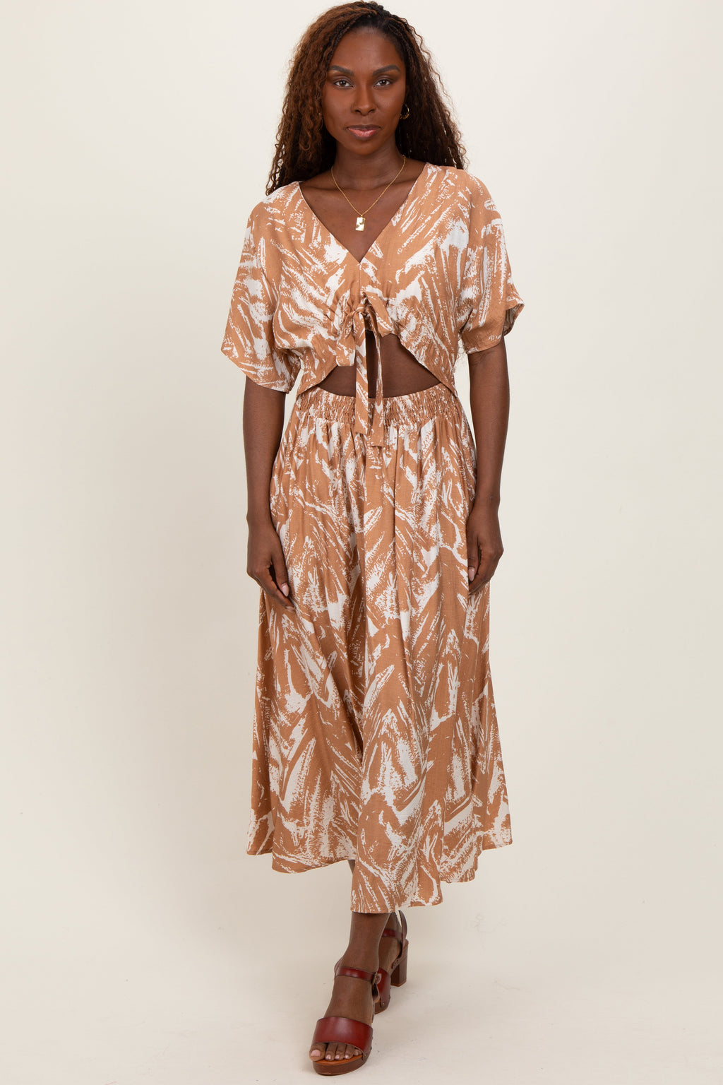 Camel Brushstroke Print Cutout Midi Dress