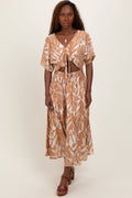 Camel Brushstroke Print Cutout Midi Dress