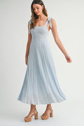 Light Blue Textured Knit Shoulder Tie Midi Dress