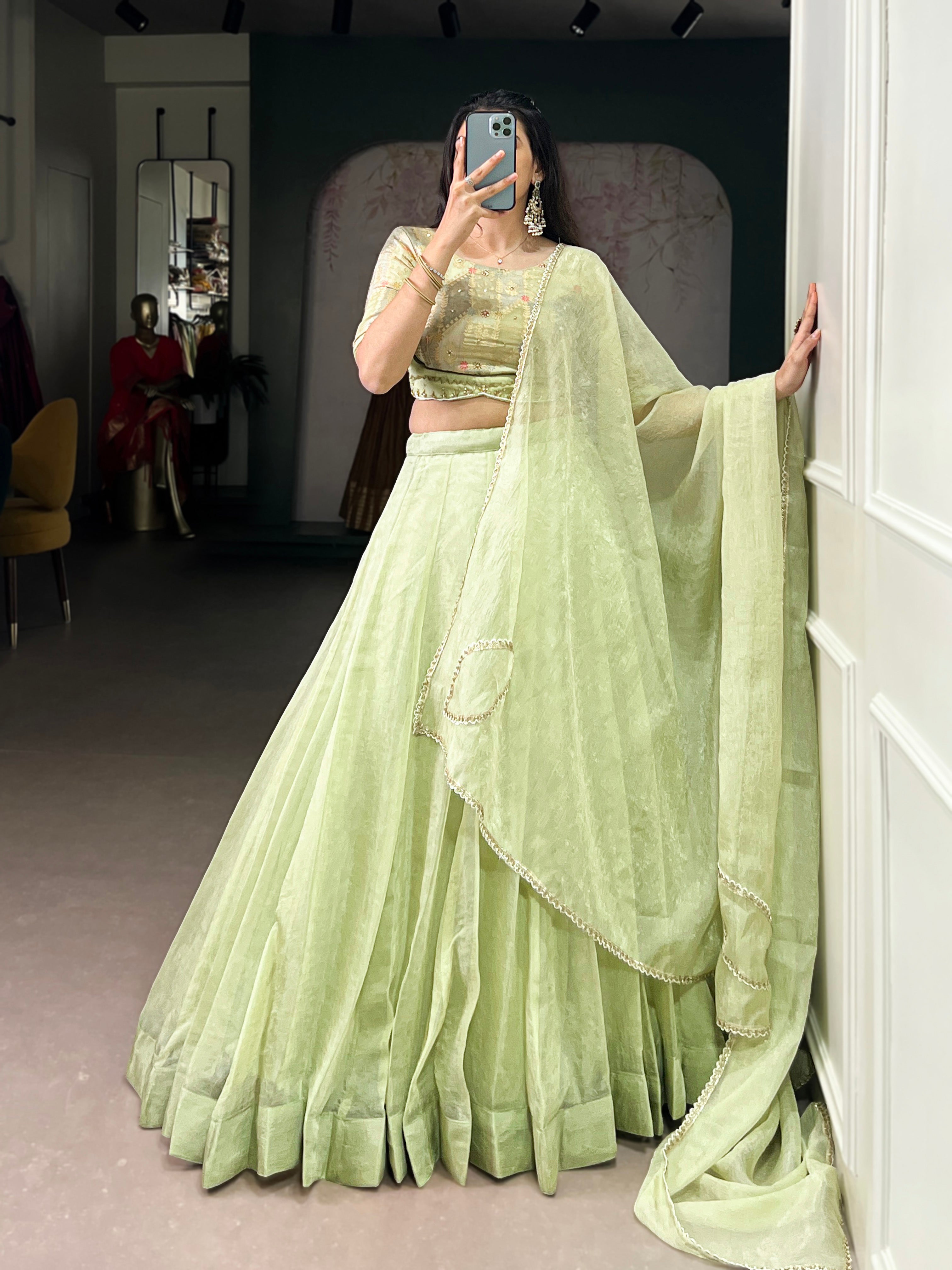 Lorenvalley Fashion Pista Crush Silk Plain Lehenga Choli with Dupatta