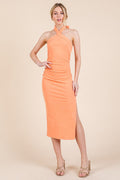Peach Halter Tied Criss-Cross Ribbed Midi Dress