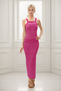 Fuchsia Striped High Neck Ribbed Maxi Dress
