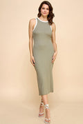 Light Olive/Soft White High Neck Ribbed Sleeveless Midi Dress