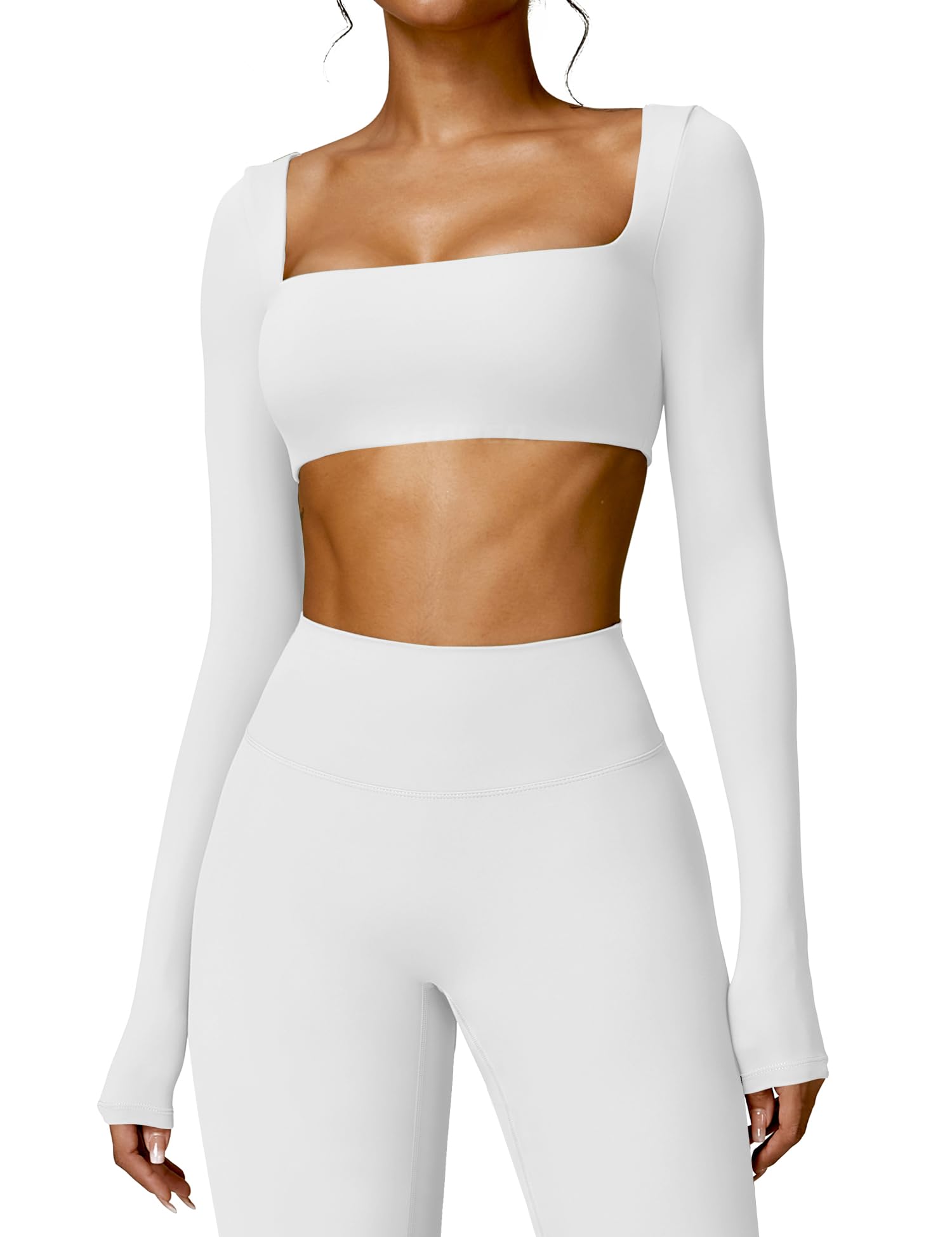 YEOREO Kyla Women Crop Top Long Sleeve Padded Sports Low Medium Impact Yoga Shirt Workout White