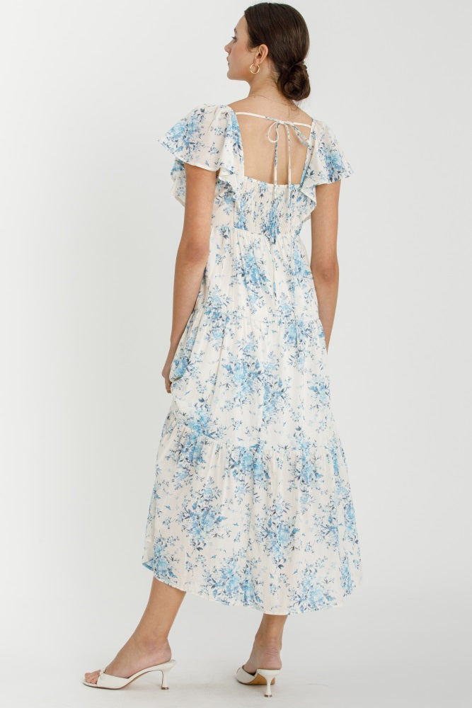 Light Blue Floral Flutter Sleeve Tiered Maxi Dress
