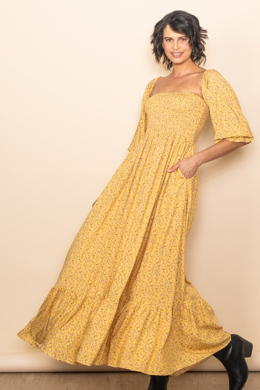 Yellow Floral Smocked Off Shoulder Maxi Dress with Puffed Sleeves