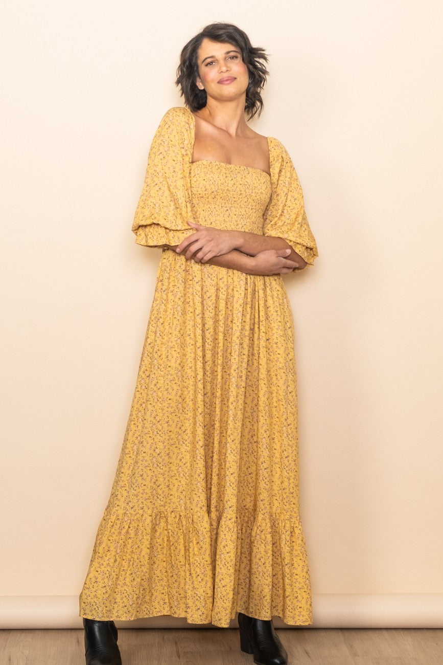 Yellow Floral Smocked Off Shoulder Maxi Dress with Puffed Sleeves