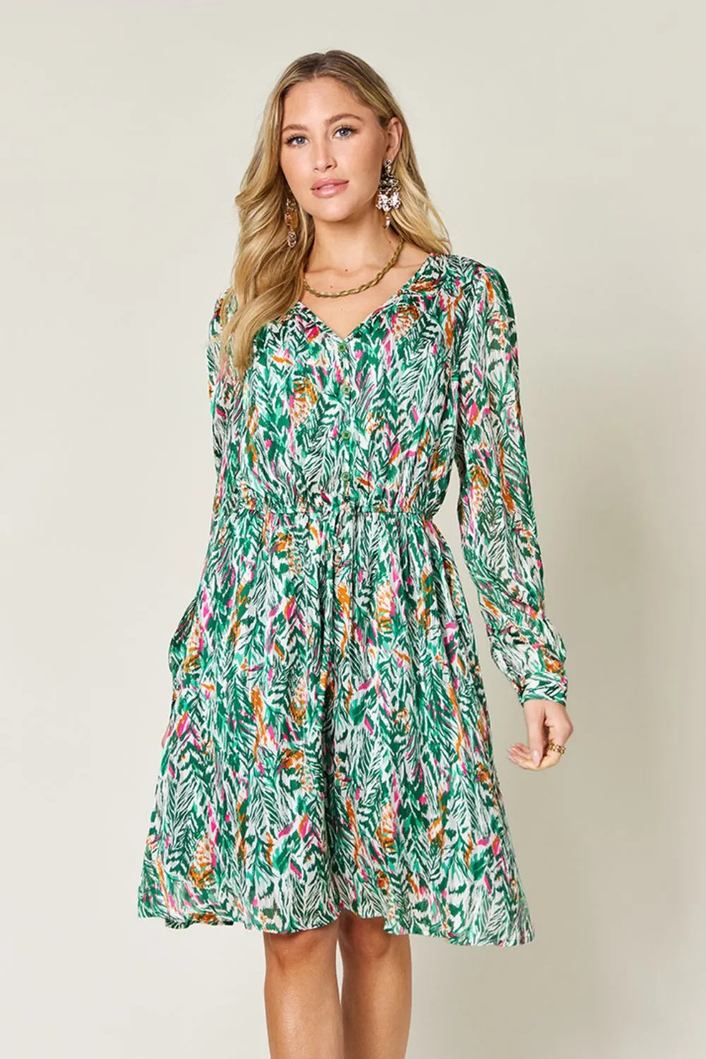 Printed Drawstring Waist Long Sleeve A-Line Dress | V-Neck