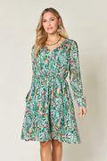 Printed Drawstring Waist Long Sleeve A-Line Dress | V-Neck