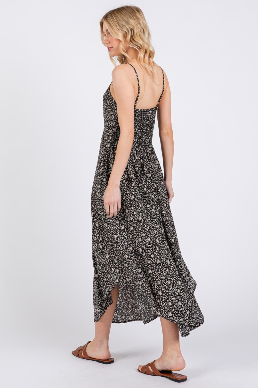 Black Floral Cinched Front Tie Midi Dress