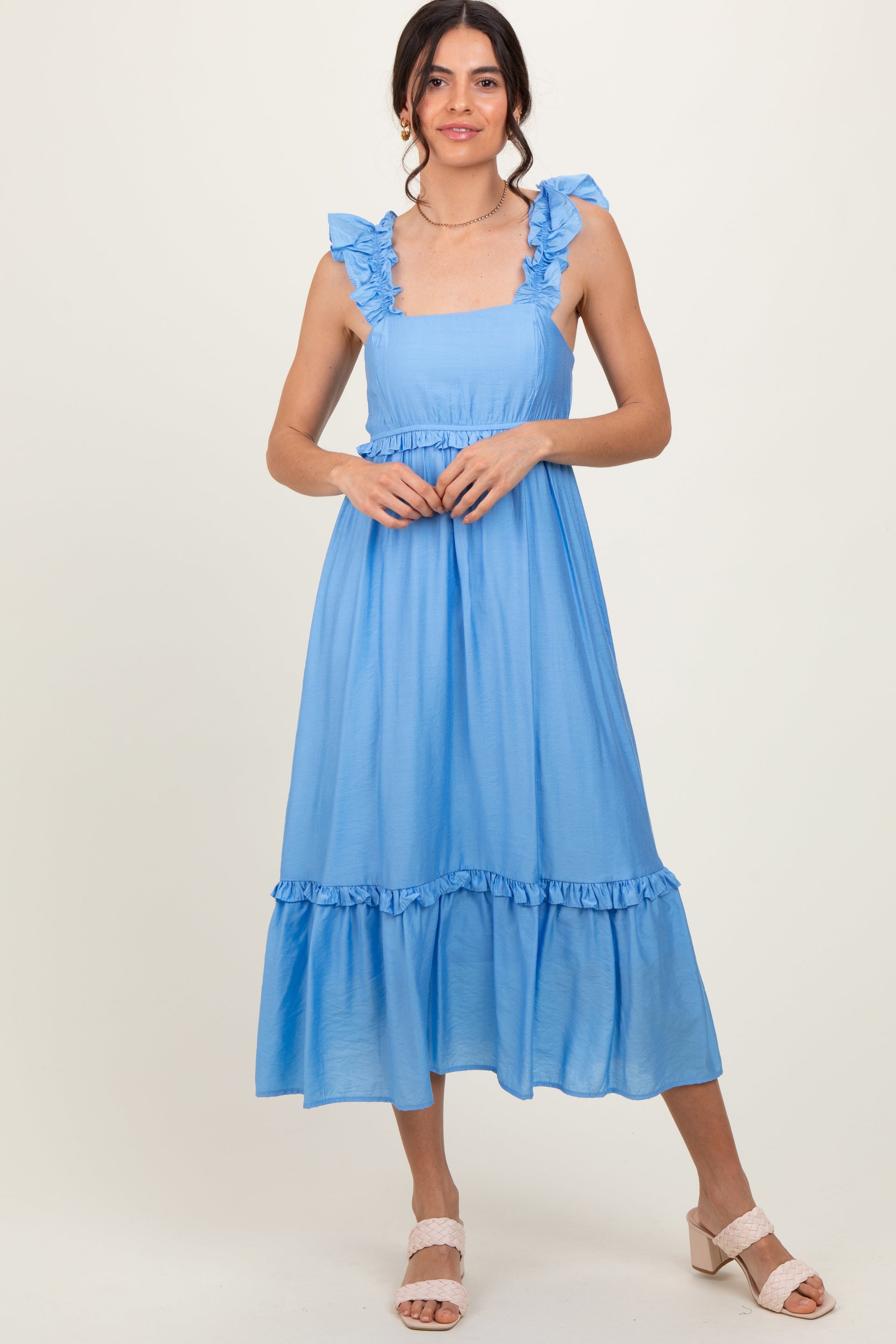 Blue Ruffle Strap Square Neck Maternity Midi Dress