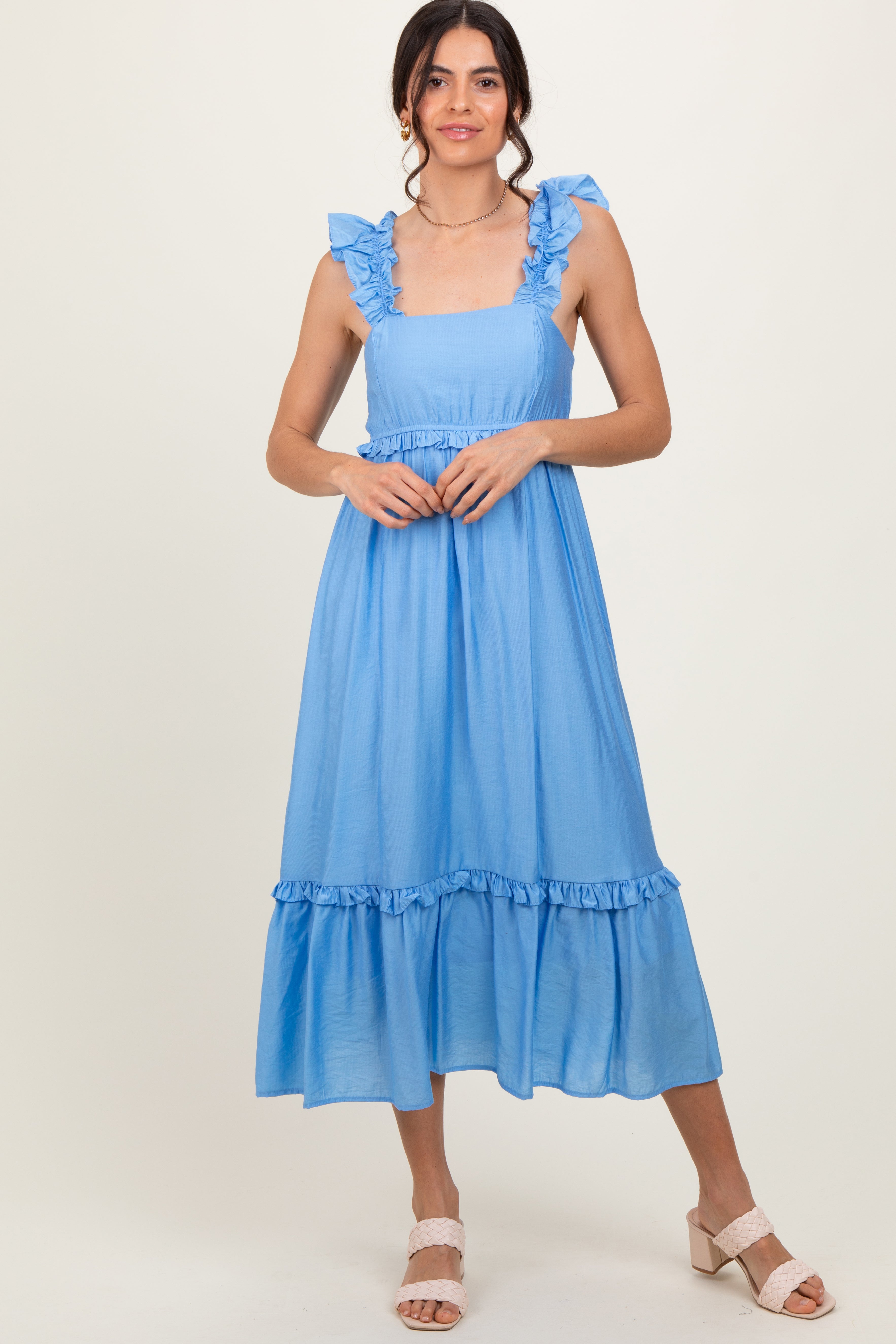 Blue Ruffle Strap Square Neck Maternity Midi Dress