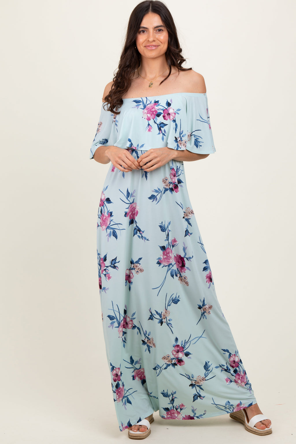 Mint Off Shoulder Floral Ruffle Maxi Dress
