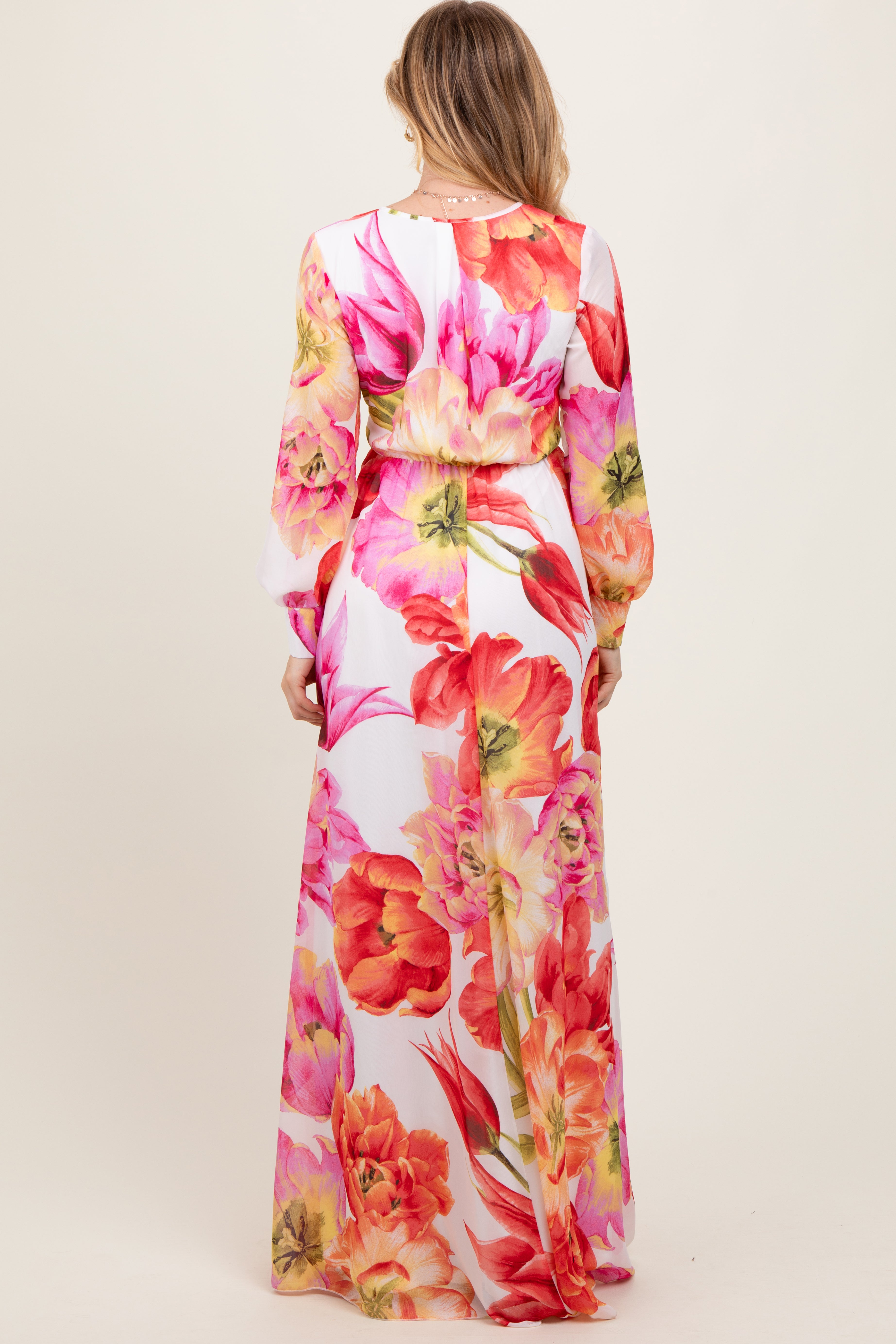 Red  Floral Chiffon Long Sleeve Maxi Dress