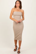 Taupe Fitted Tube Knit Midi Dress