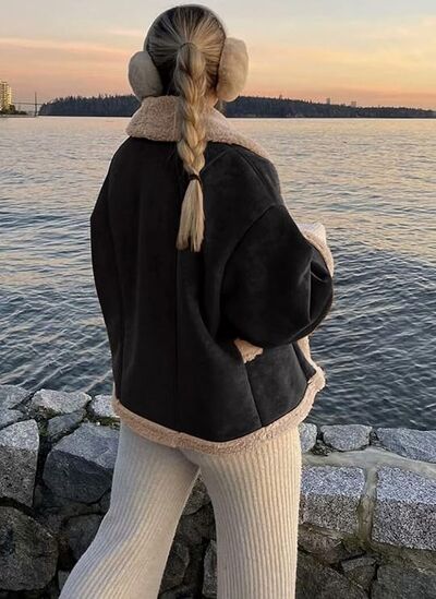 Women’s Fuzzy Collared Long Sleeve Jacket with Button Closure