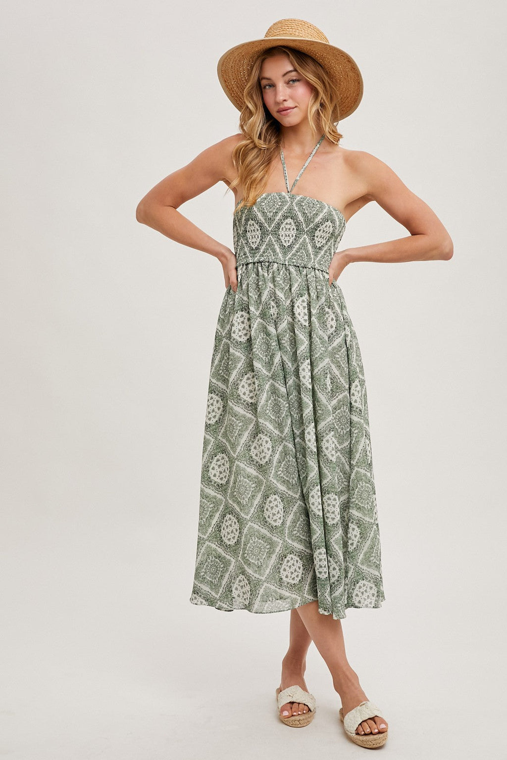 Green Printed Smocked Halter Midi Dress