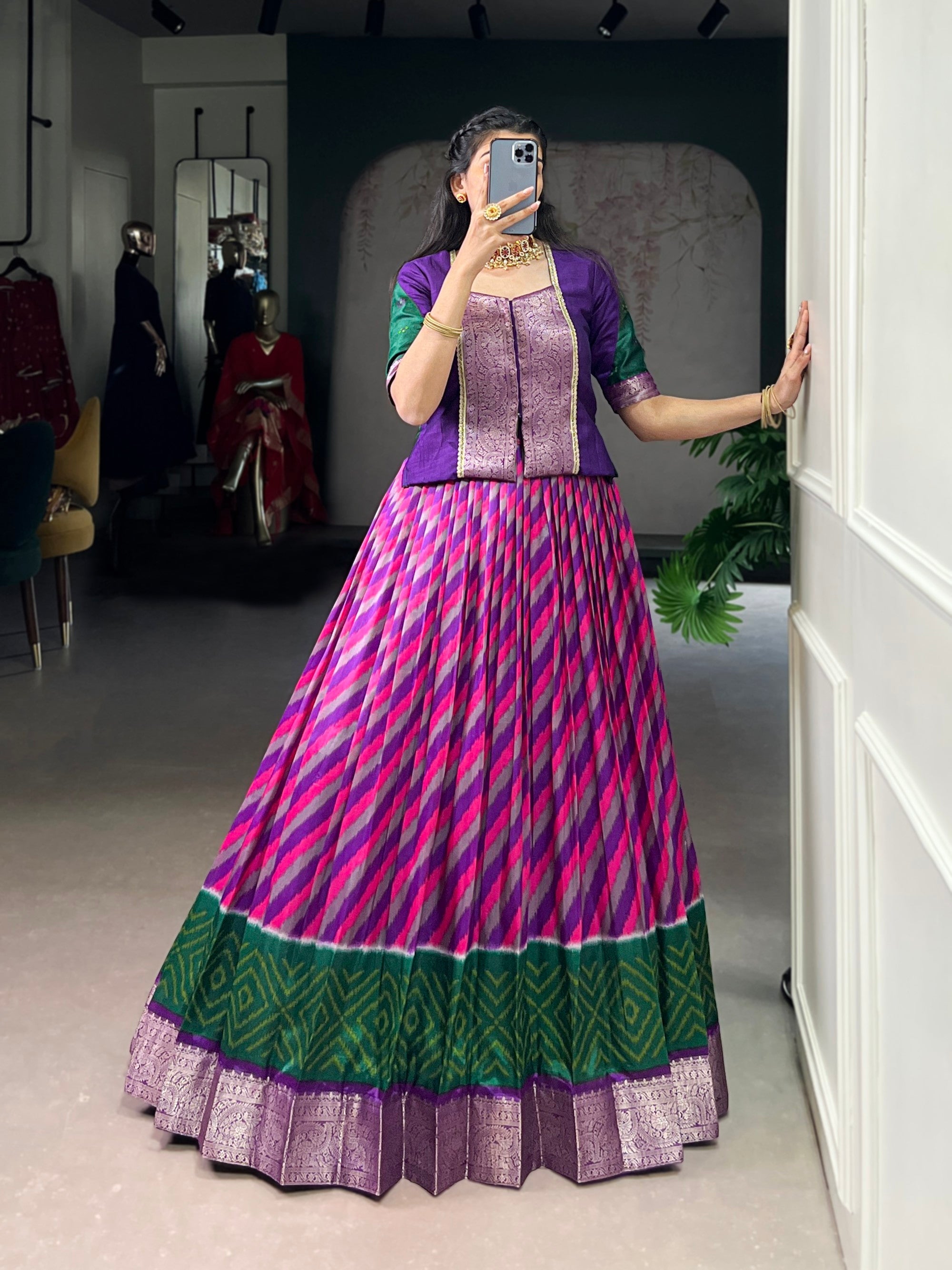 Lorenvalley Fashion Purple Tasar Silk Leheriya Print With Zari Weaving Work Lehenga Choli