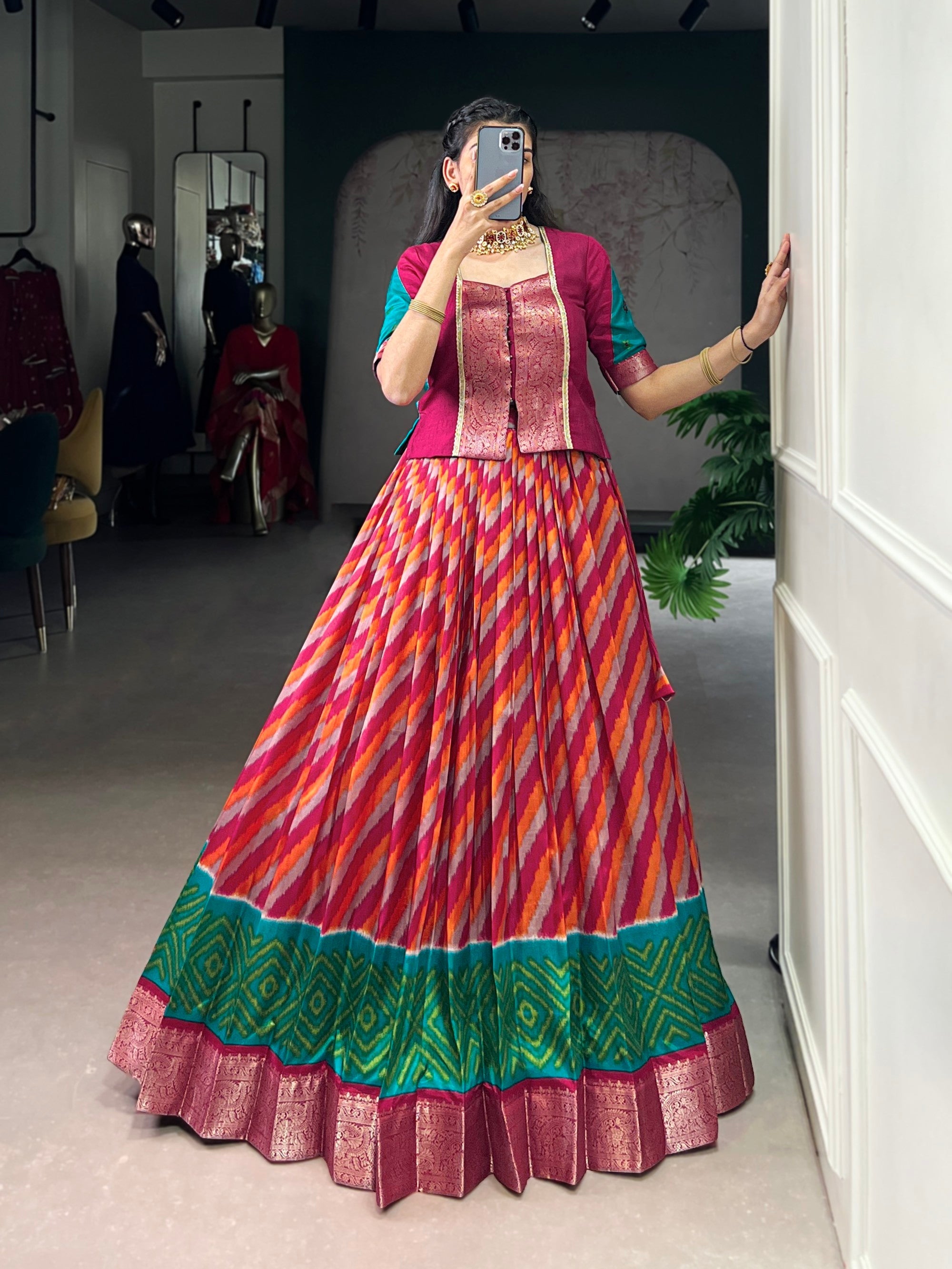 Red Tasar Silk Leheriya Print Lehenga Choli with Zari Weaving