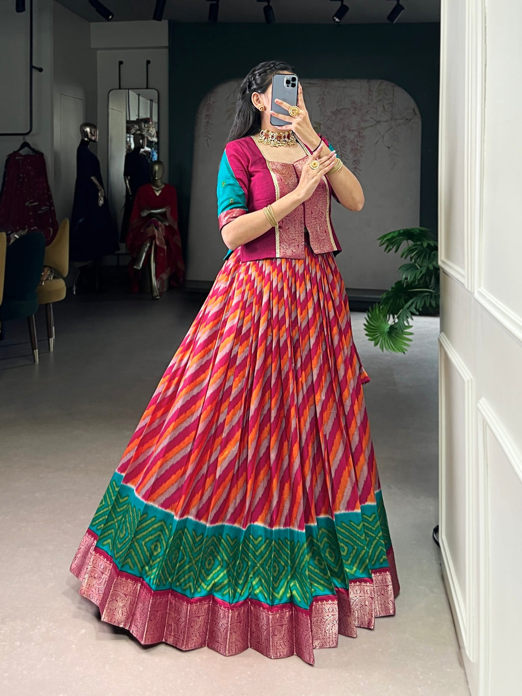 Red Tasar Silk Leheriya Print Lehenga Choli with Zari Weaving