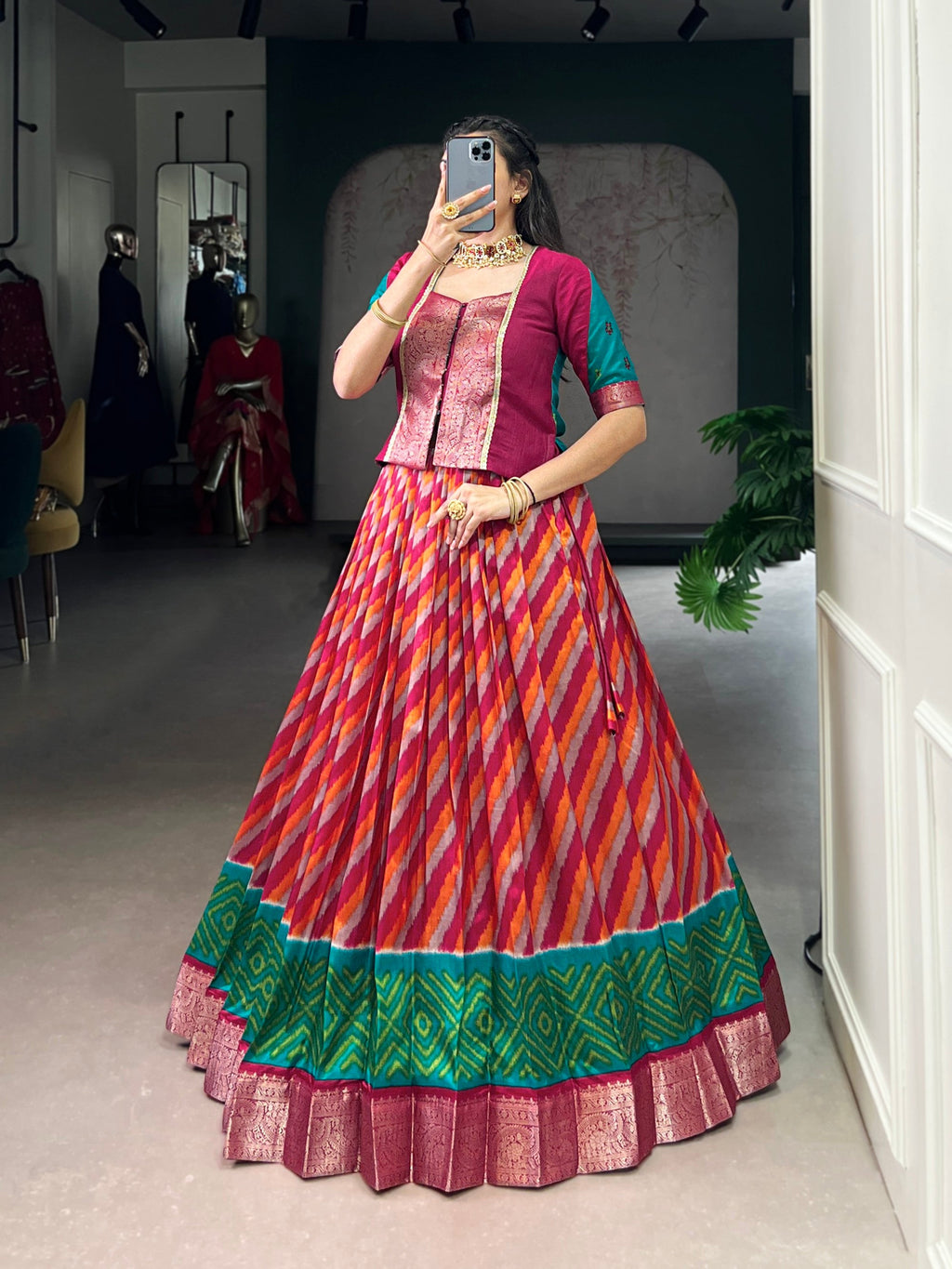 Red Tasar Silk Leheriya Print Lehenga Choli with Zari Weaving
