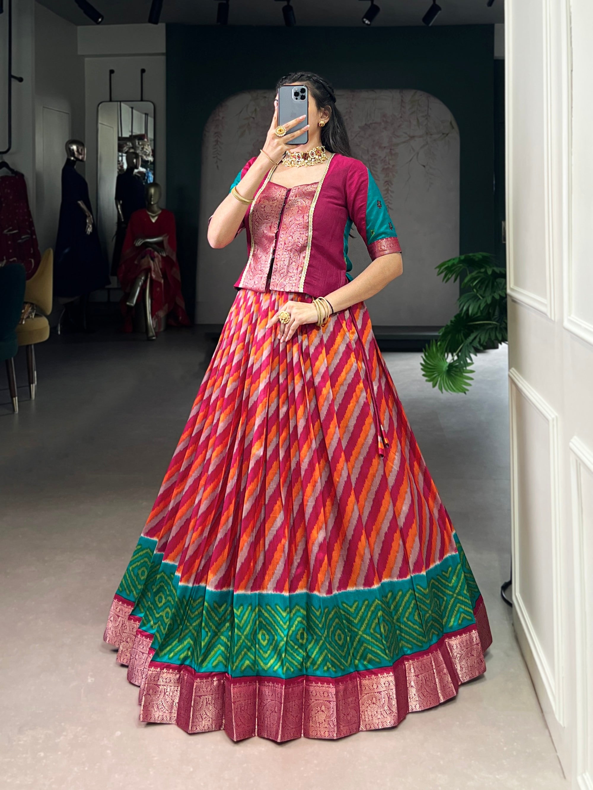 Red Tasar Silk Leheriya Print Lehenga Choli with Zari Weaving