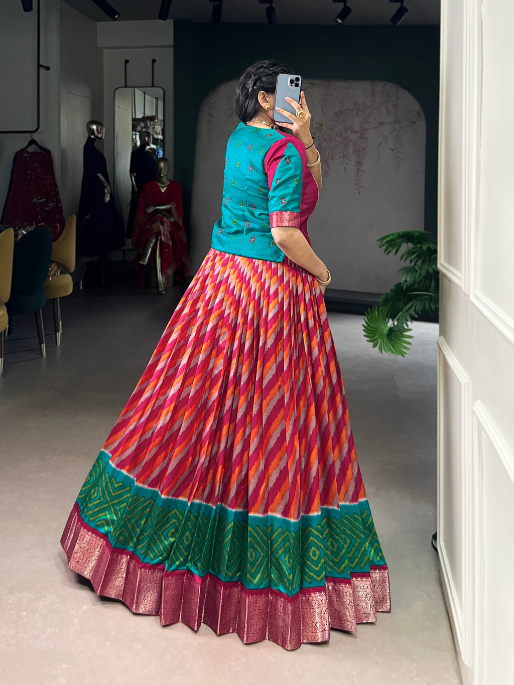 Red Tasar Silk Leheriya Print Lehenga Choli with Zari Weaving