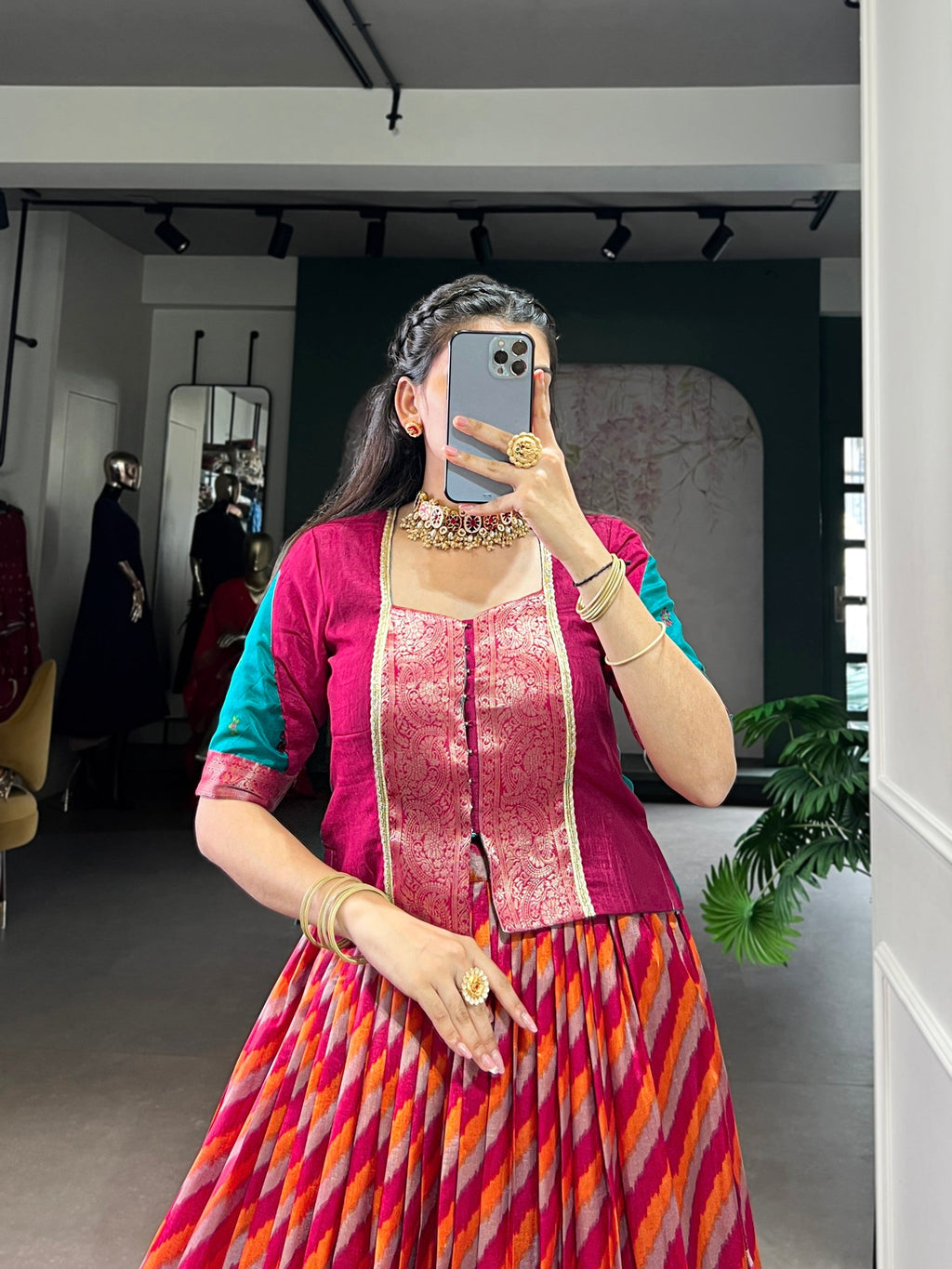 Red Tasar Silk Leheriya Print Lehenga Choli with Zari Weaving