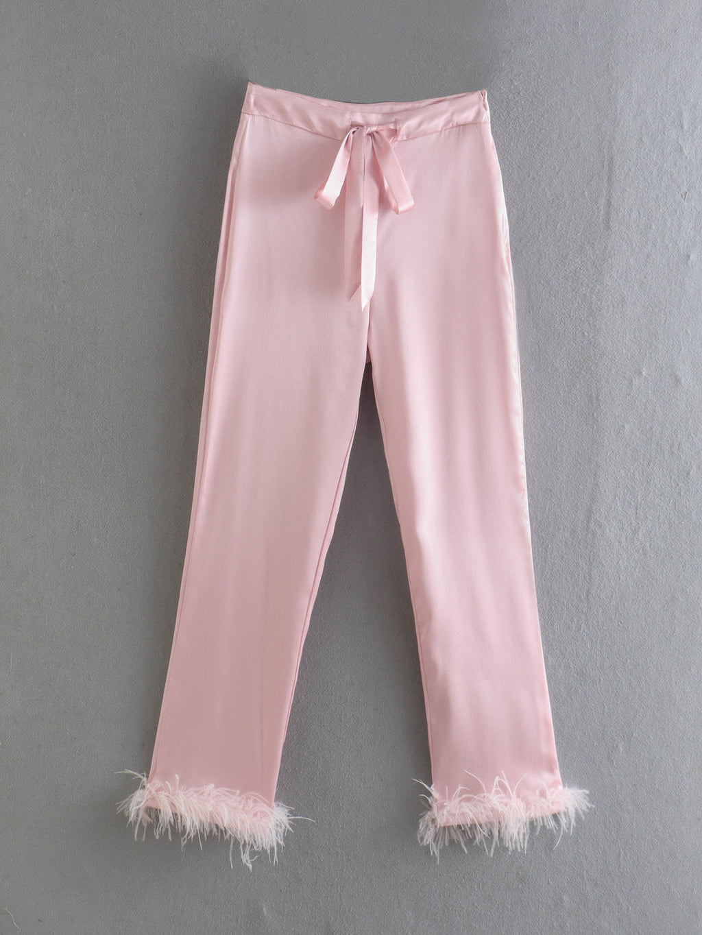 Women Clothing Summer Lace up Feather Decoration Casual Straight Pants Women Trousers & TOP F00122614