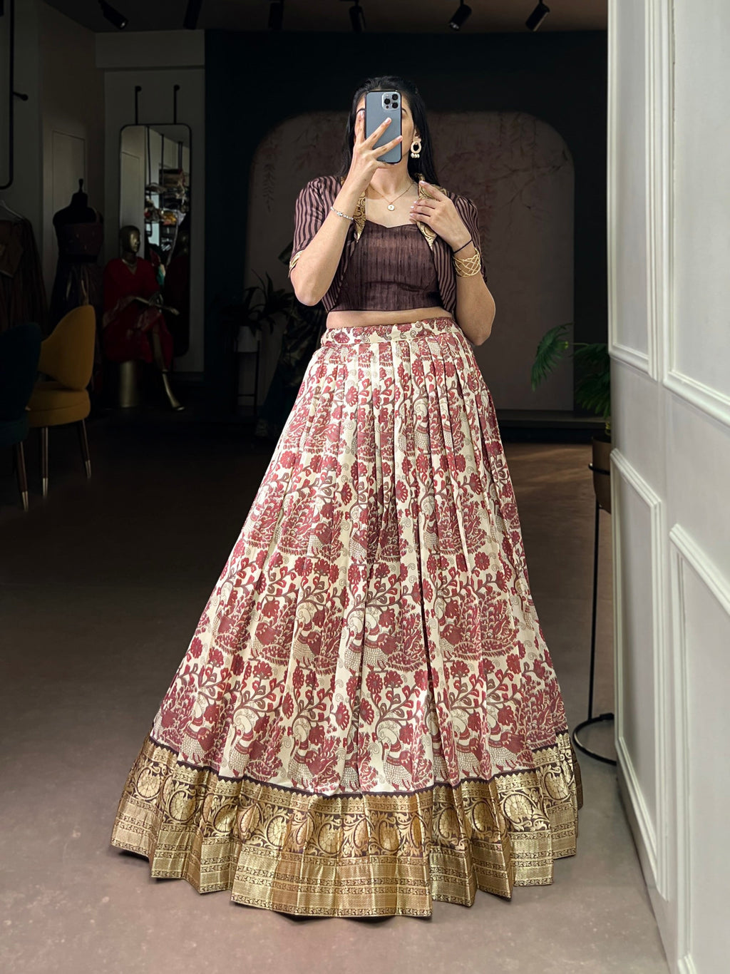 Multicolor Tasar Silk Printed Lehenga Choli with Viscose Border