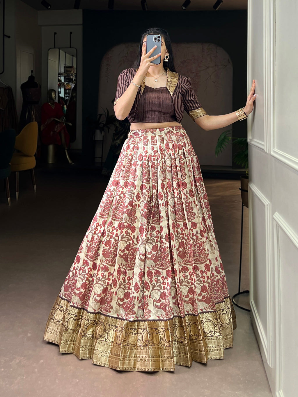 Multicolor Tasar Silk Printed Lehenga Choli with Viscose Border