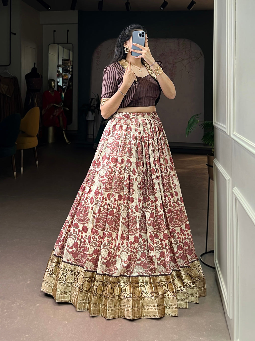 Multicolor Tasar Silk lehenga choli with viscose border and printed patterns