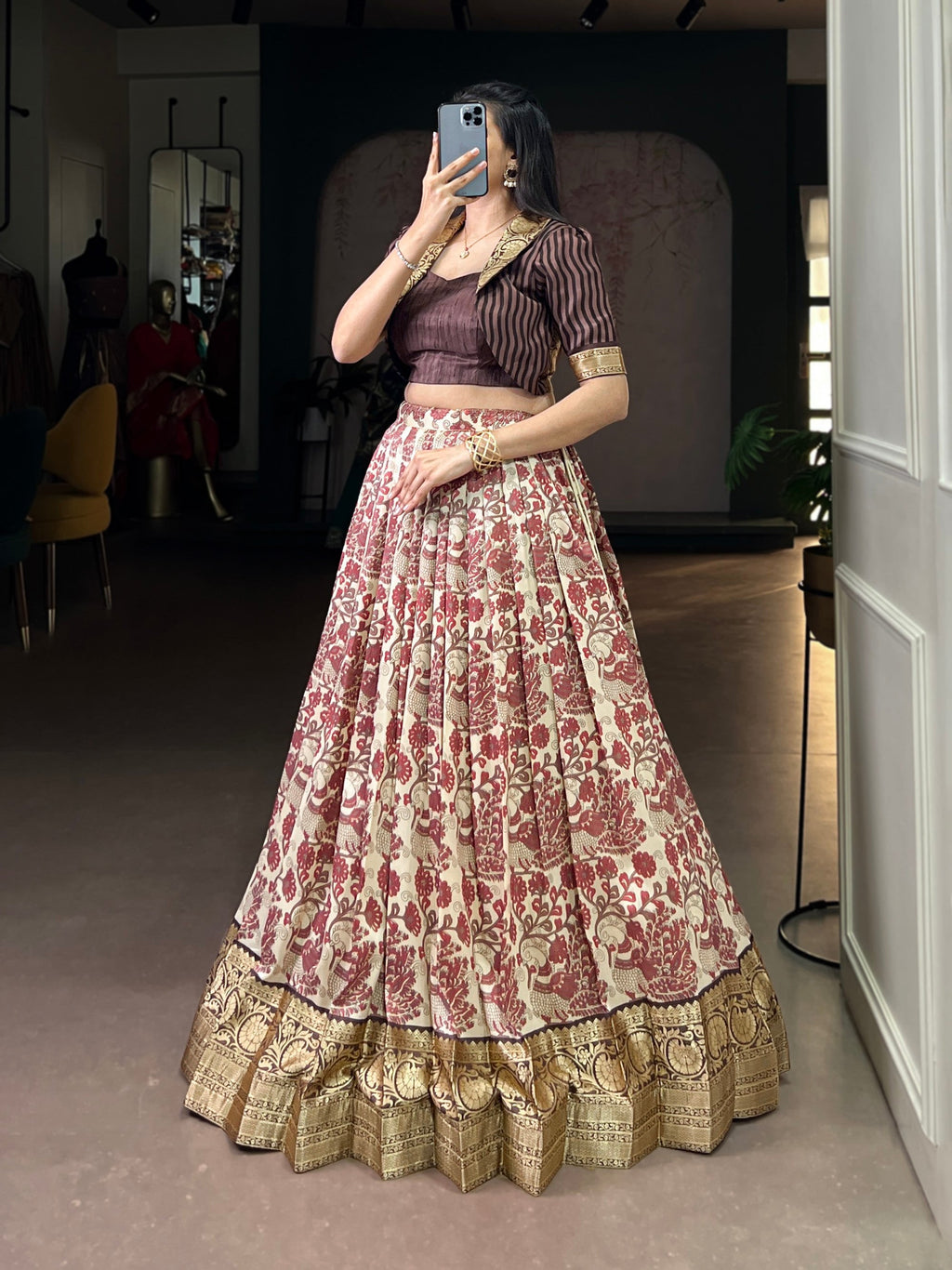 Multicolor Tasar Silk Printed Lehenga Choli with Viscose Border
