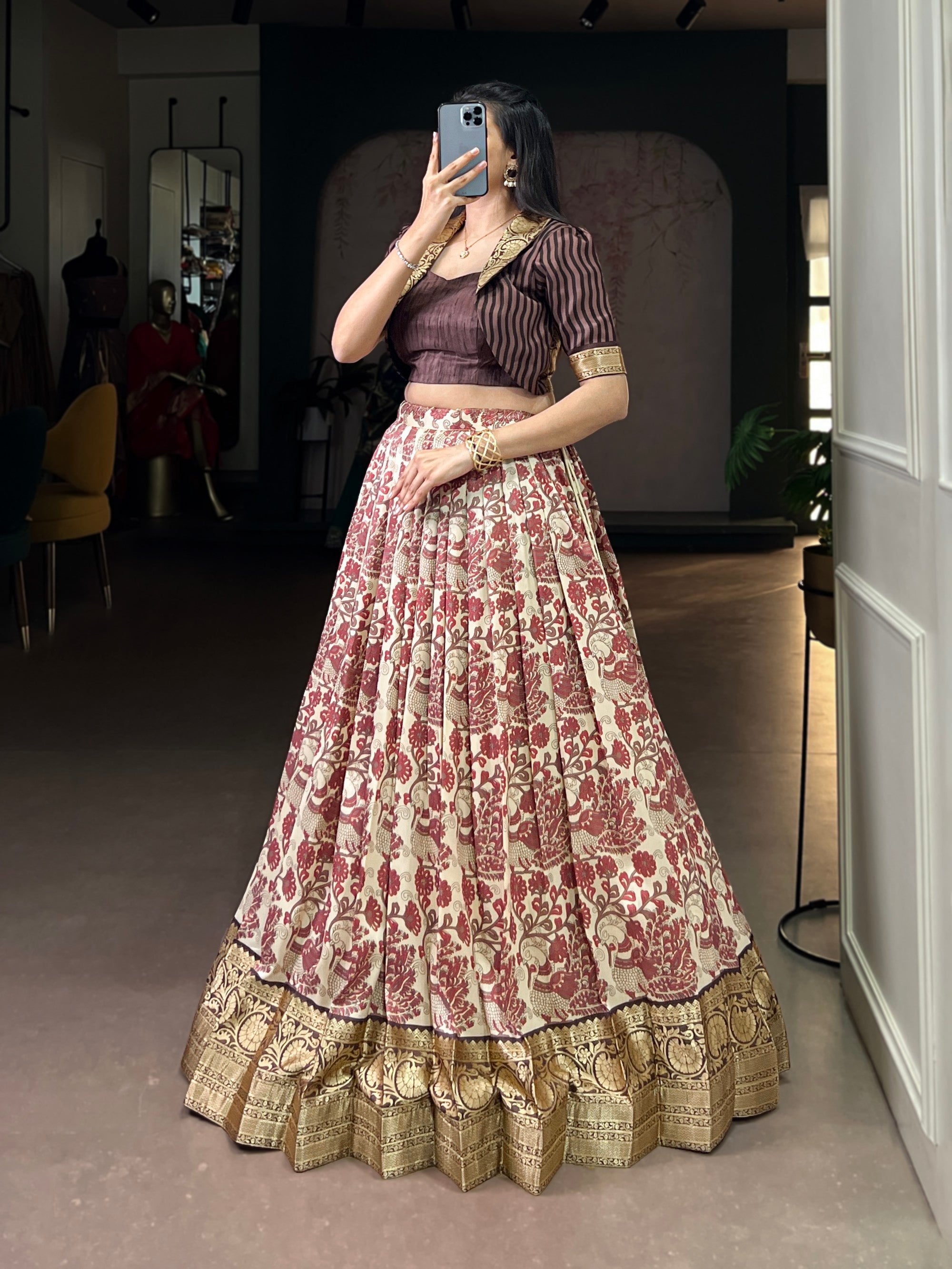 Lorenvalley Fashion Multicolor Tasar Silk Printed with Viscose Border Lehenga Choli