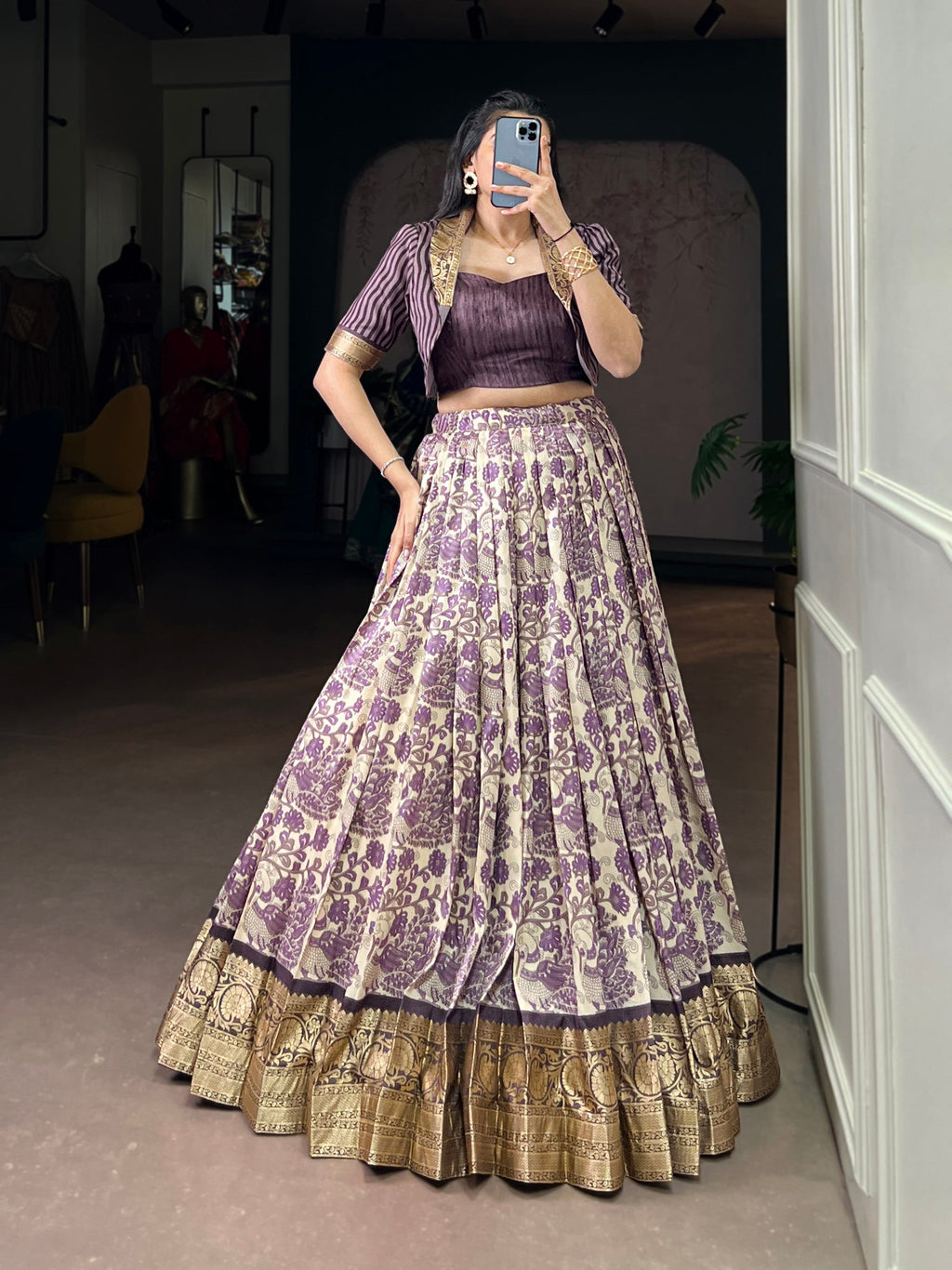 Multicolor Tasar Silk printed lehenga choli with viscose border detailing