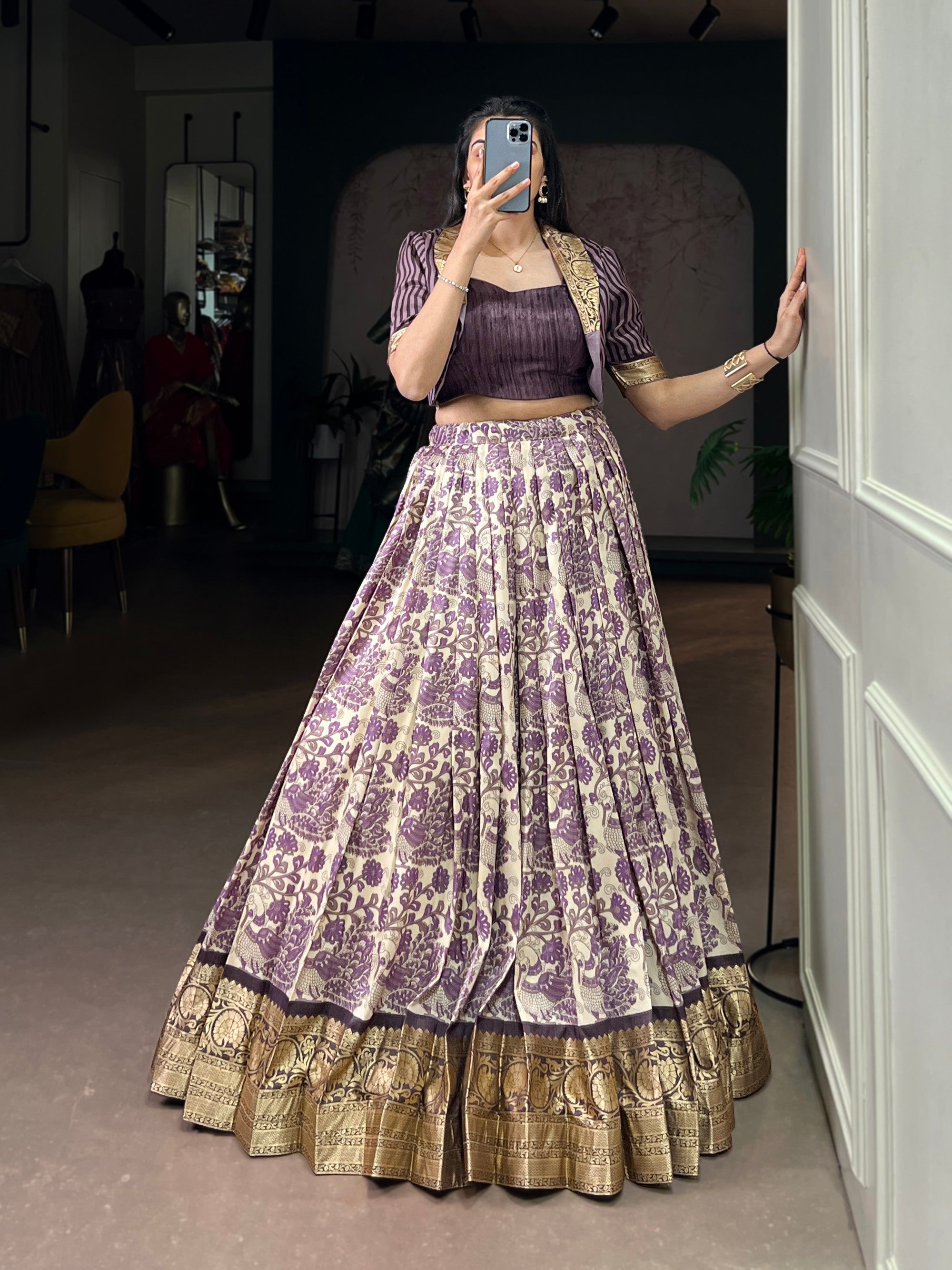 Lorenvalley Fashion Multicolor Tasar Silk Printed with Viscose Border Lehenga Choli