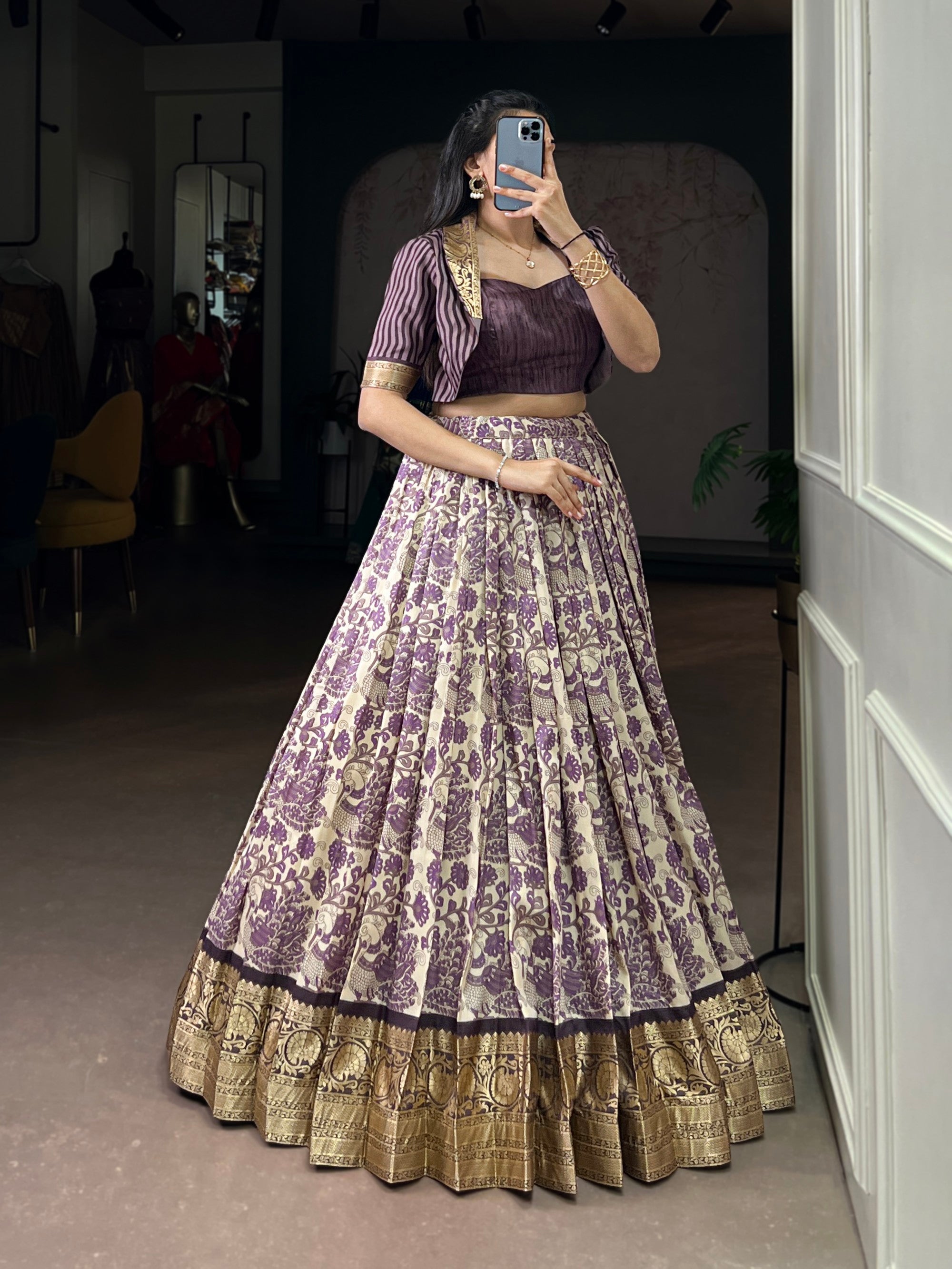 Lorenvalley Fashion Multicolor Tasar Silk Printed with Viscose Border Lehenga Choli