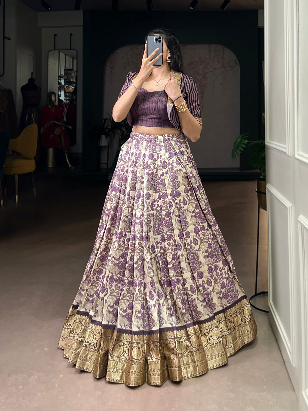 Multicolor Tasar Silk Printed Lehenga Choli with Viscose Border