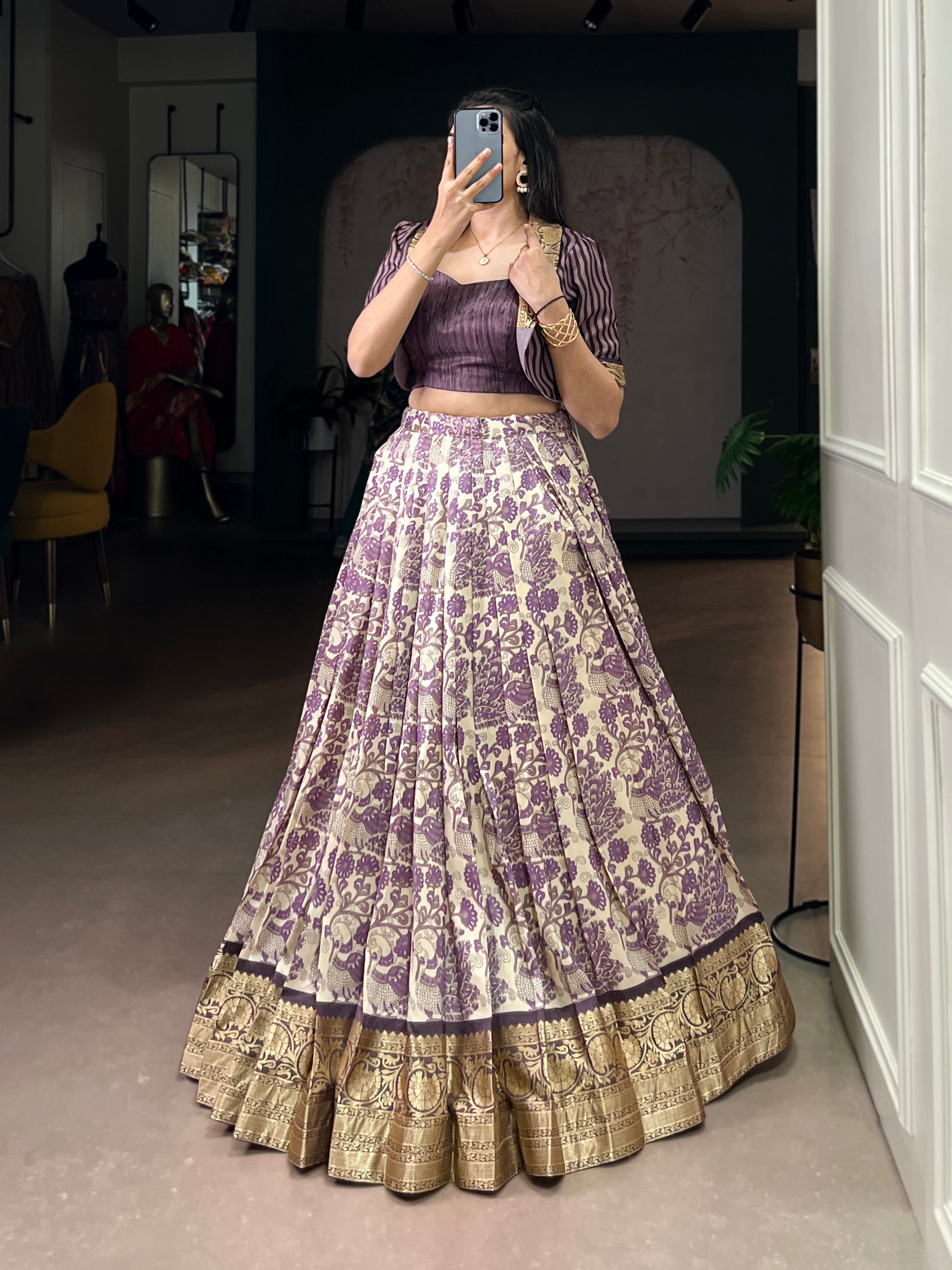 Lorenvalley Fashion Multicolor Tasar Silk Printed with Viscose Border Lehenga Choli