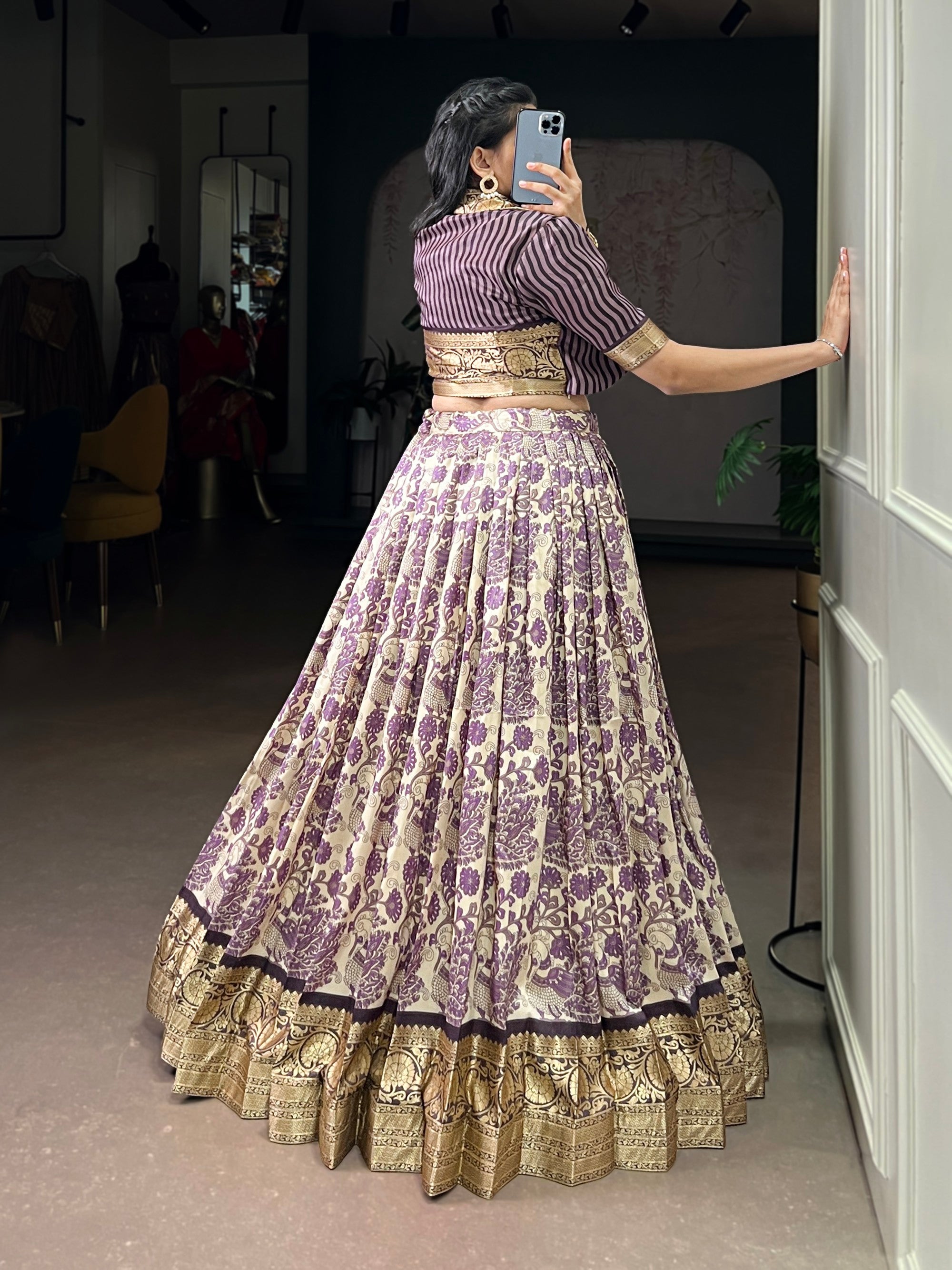 Lorenvalley Fashion Multicolor Tasar Silk Printed with Viscose Border Lehenga Choli