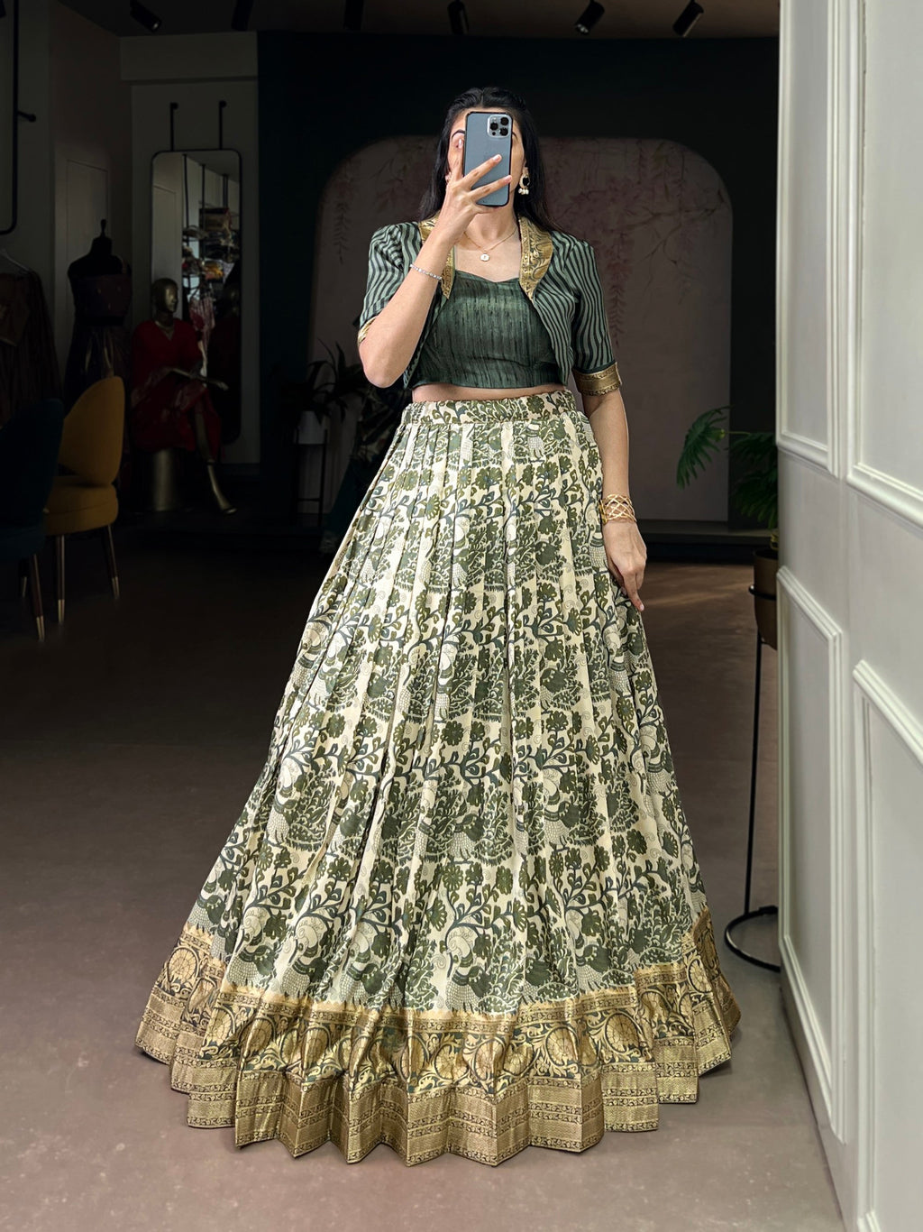 Multicolor Tasar silk printed lehenga choli with viscose border detail