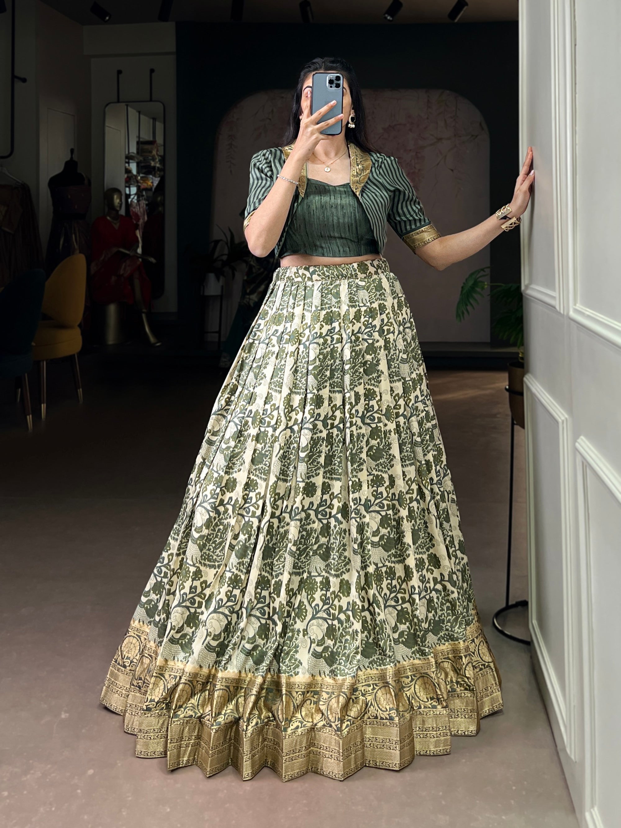 Lorenvalley Fashion Multicolor Tasar Silk Printed with Viscose Border Lehenga Choli