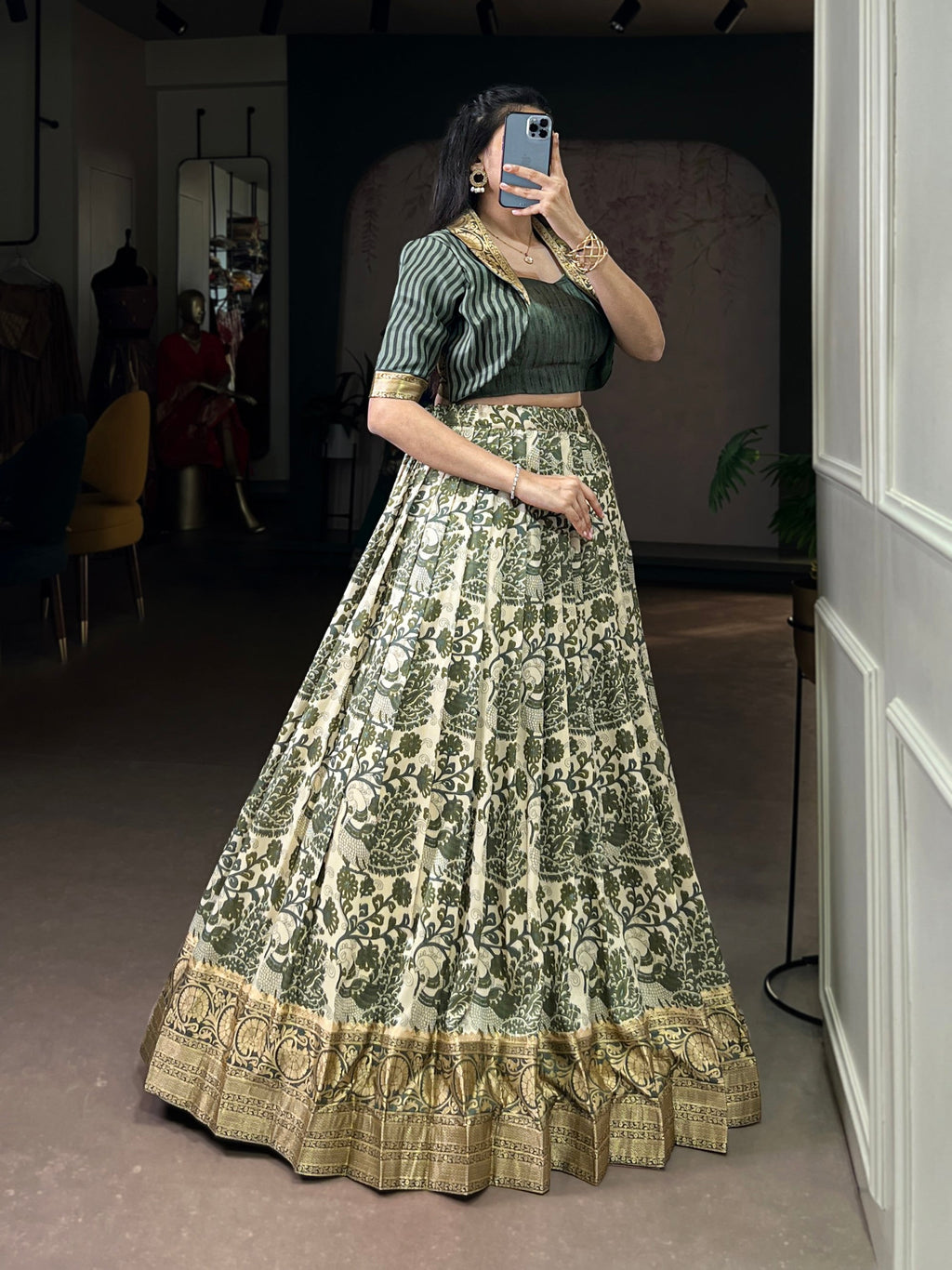 Multicolor Tasar Silk Printed Lehenga Choli with Viscose Border