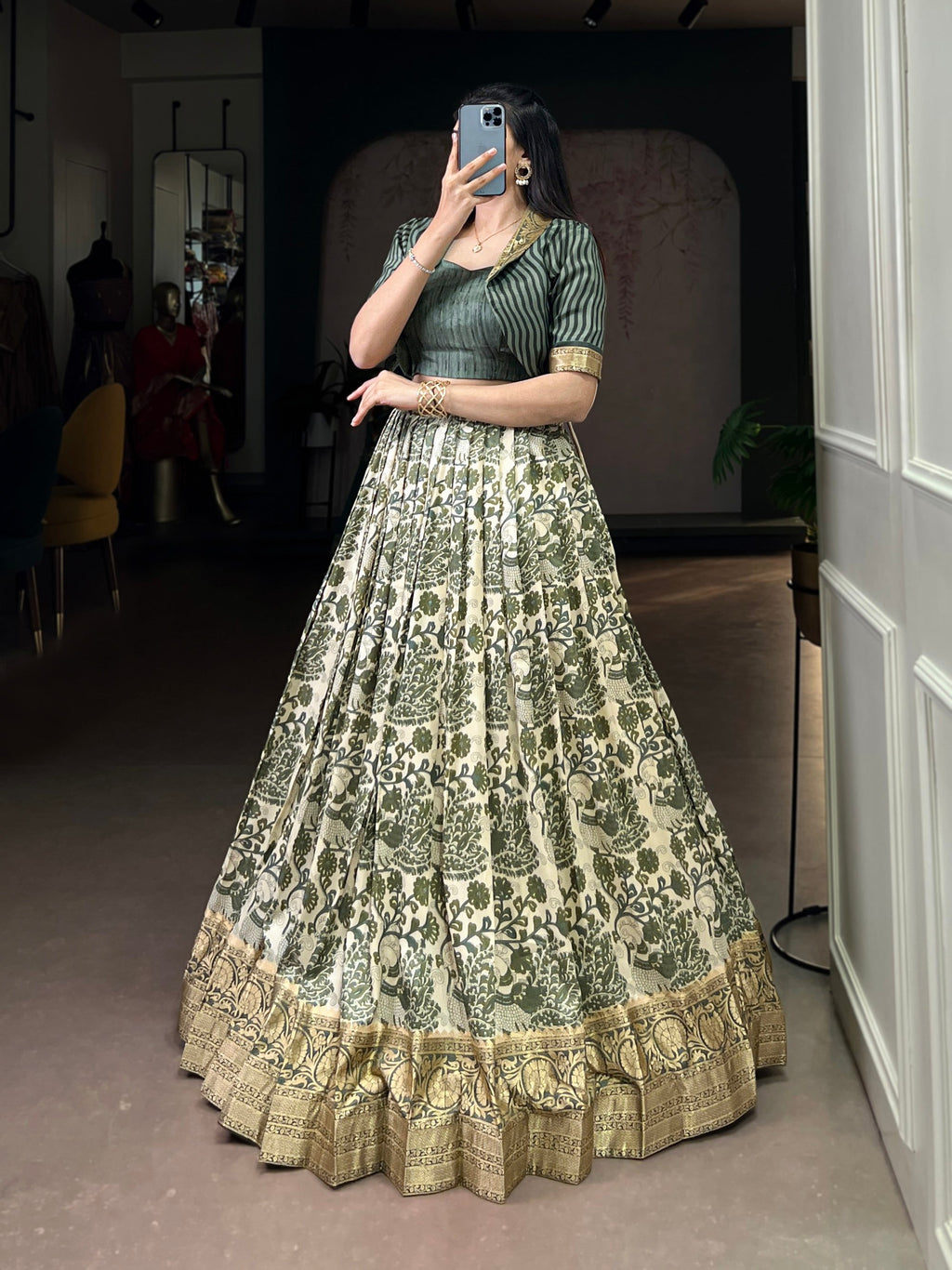 Multicolor Tasar Silk Printed Lehenga Choli with Viscose Border