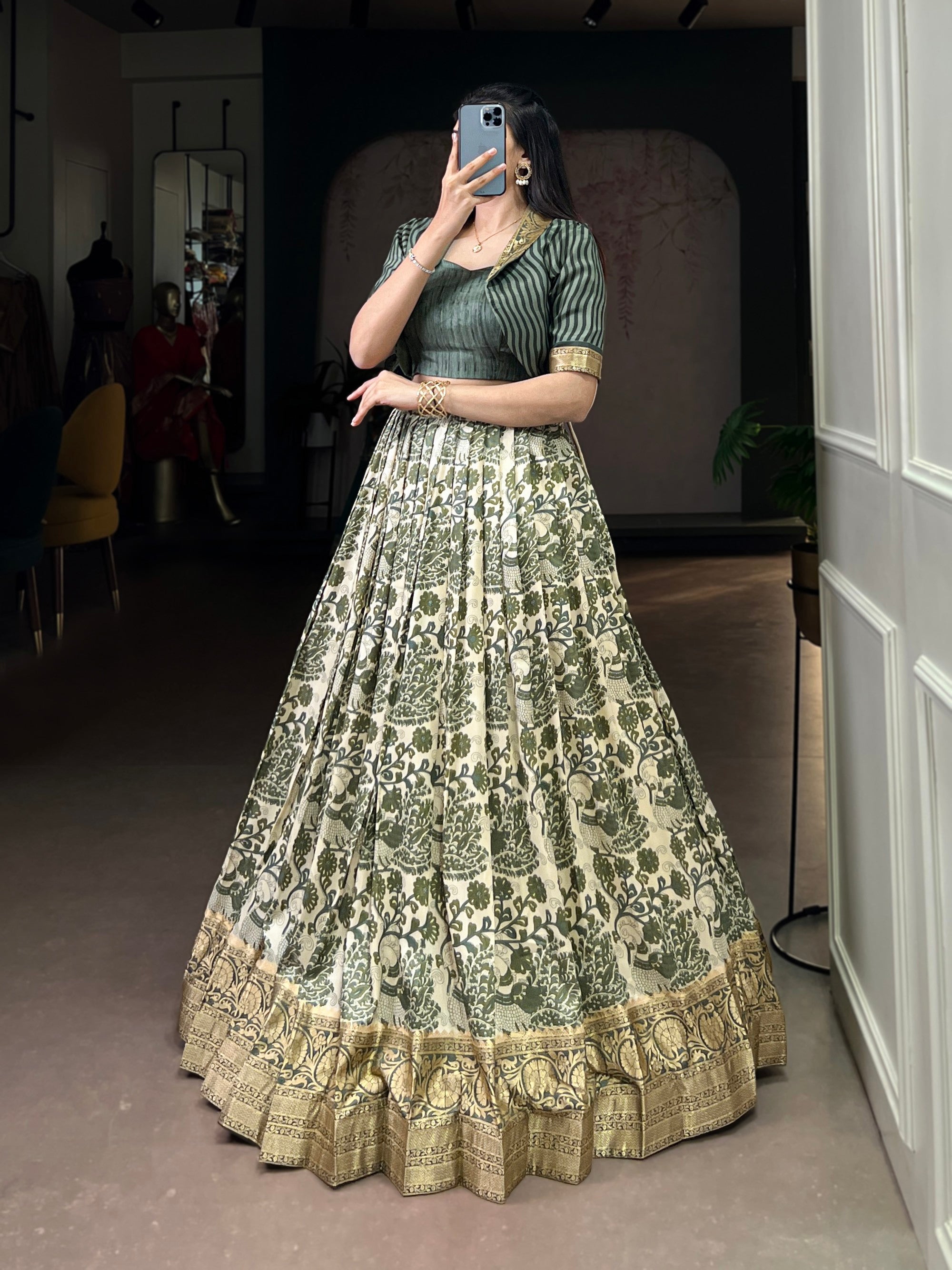Lorenvalley Fashion Multicolor Tasar Silk Printed with Viscose Border Lehenga Choli