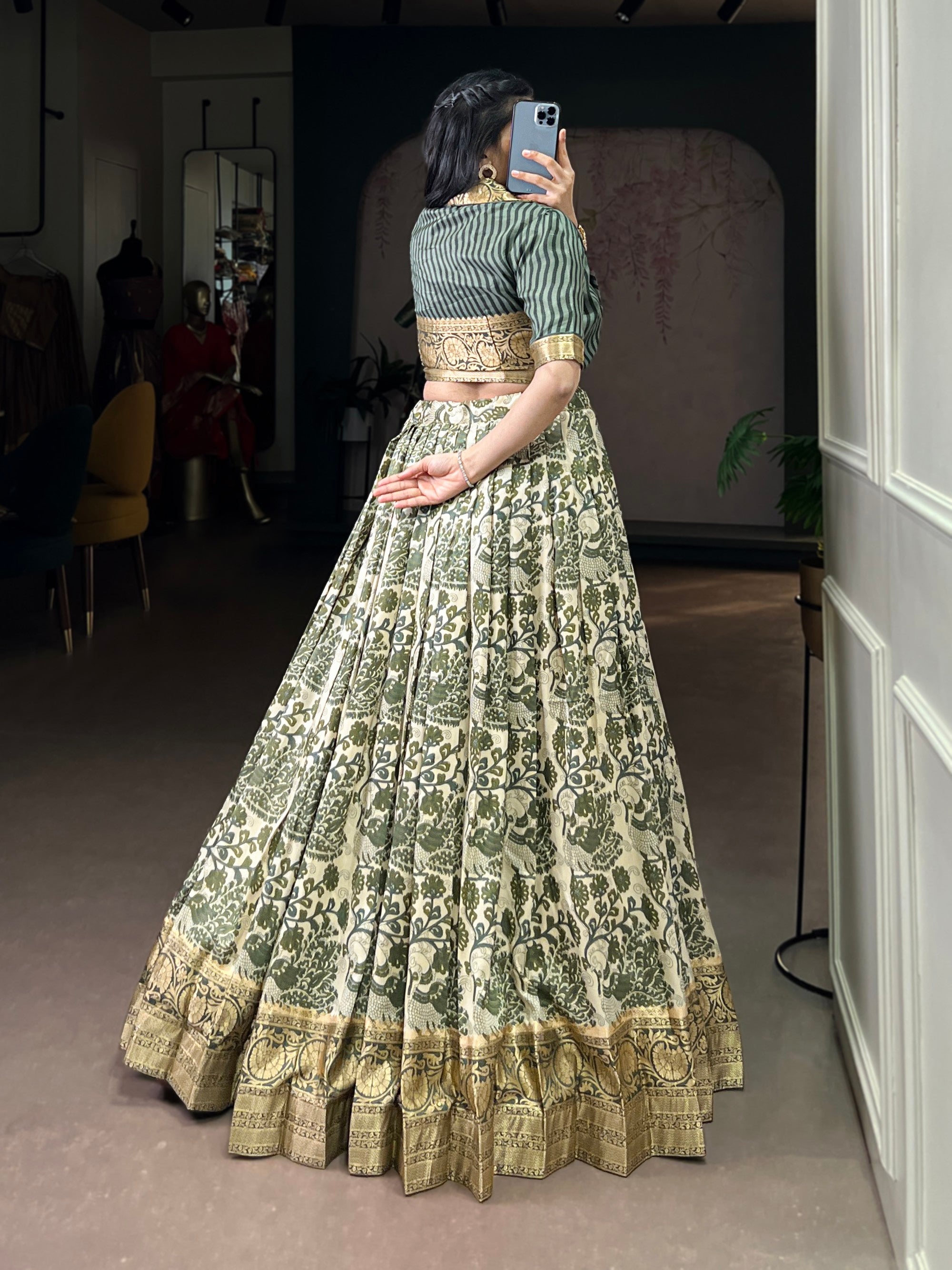 Lorenvalley Fashion Multicolor Tasar Silk Printed with Viscose Border Lehenga Choli